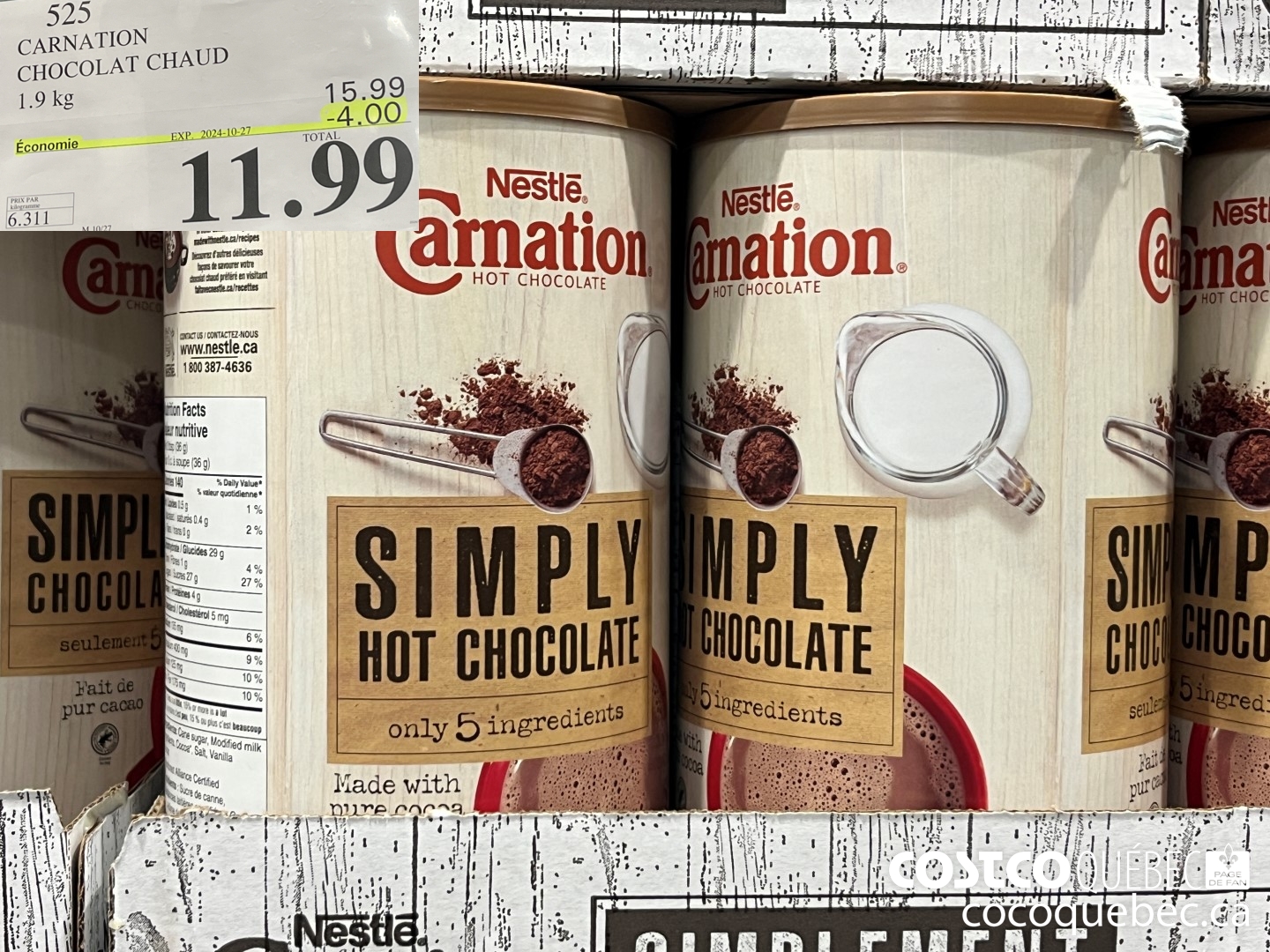 525 CARNATION CHOCOLAT CHAUD 1.9 KG ($4.00 INSTANT SAVINGS EXPIRES ON 2024-10-27) $14.99
