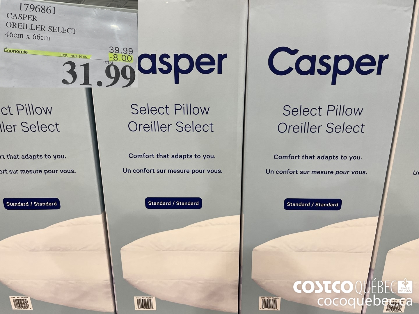 1796861 CASPER OREILLER SELECT 46cm x 66cm  ($8.00 INSTANT SAVINGS EXPIRES ON 2024-10-06) $31.99