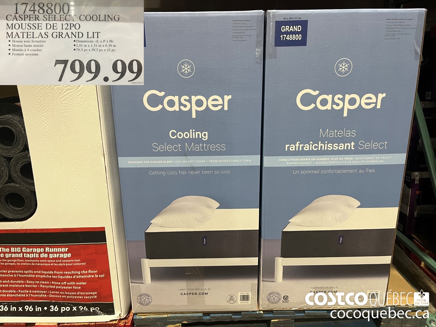 1748800 CASPER SELECT COOLING MOUSSE DE 12PO MATELAS GRAND LIT  $799.99
