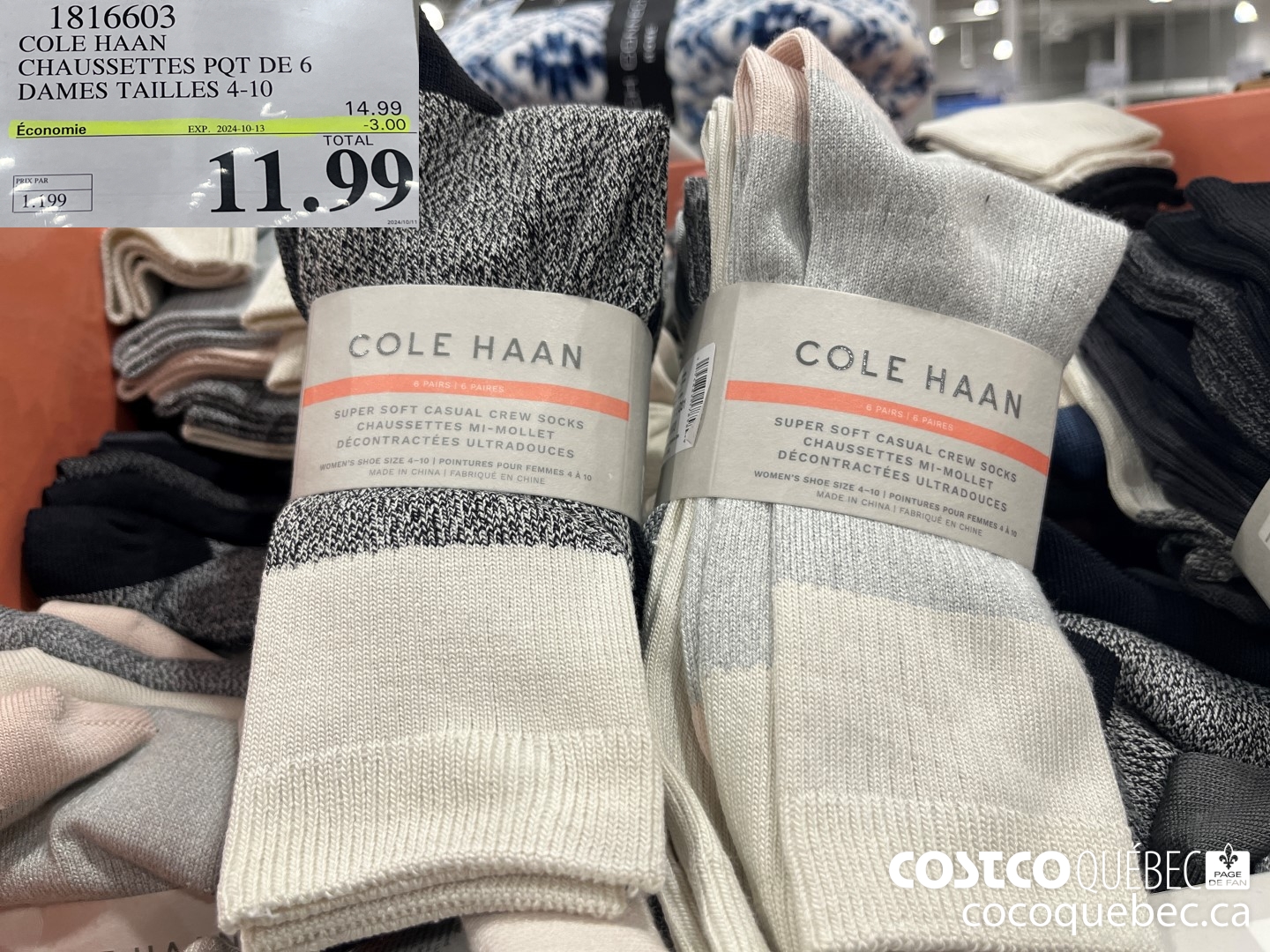 1816603 COLE HAAN CHAUSSETTES PQT DE 6 DAMES TAILLES 4-10  ($3.00 INSTANT SAVINGS EXPIRES ON 2024-10-13) $11.99