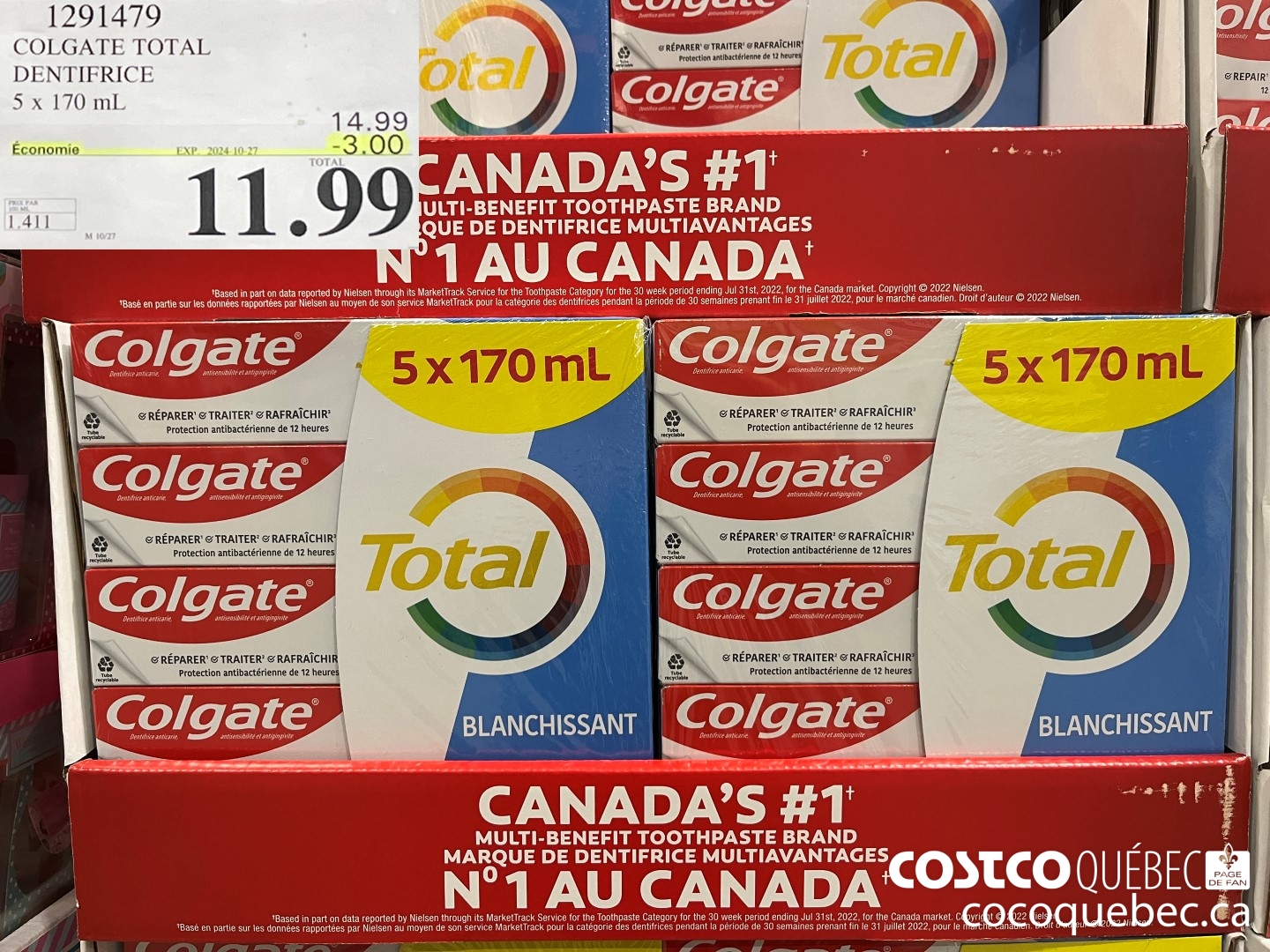 1291479 COLGATE TOTAL DENTIFRICE 5 x 170 mL 9.99  ($3.00 INSTANT SAVINGS EXPIRES ON 2024-10-27) $11.99