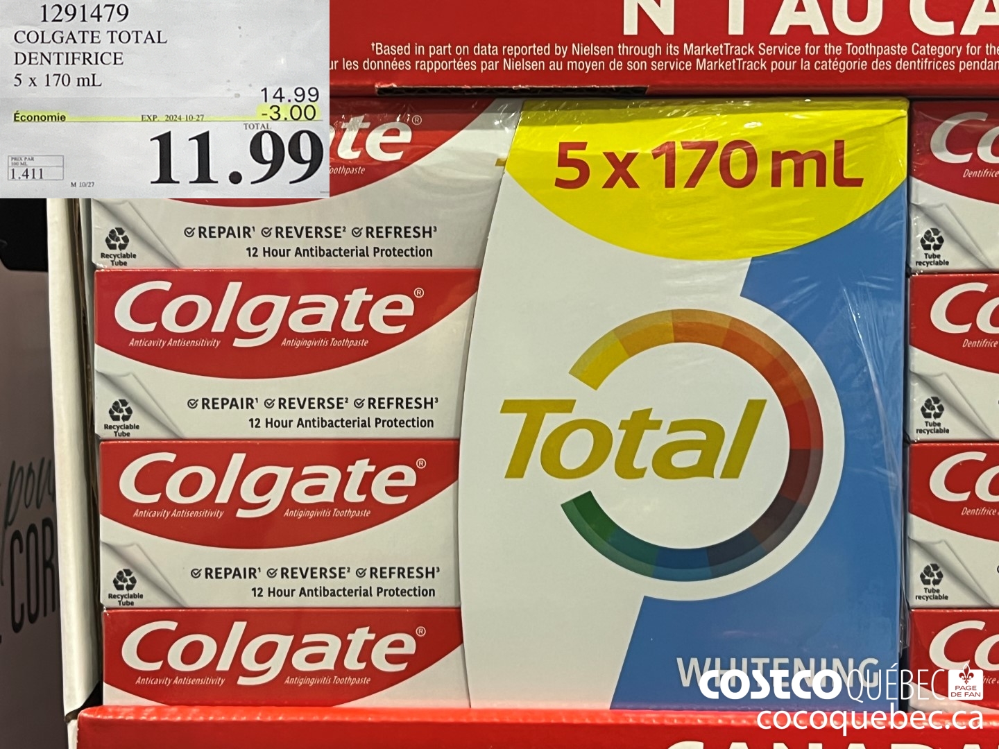 1291479 COLGATE TOTAL DENTIFRICE 5 x 170 mL ($3.00 INSTANT SAVINGS EXPIRES ON 2024-10-27) $11.99