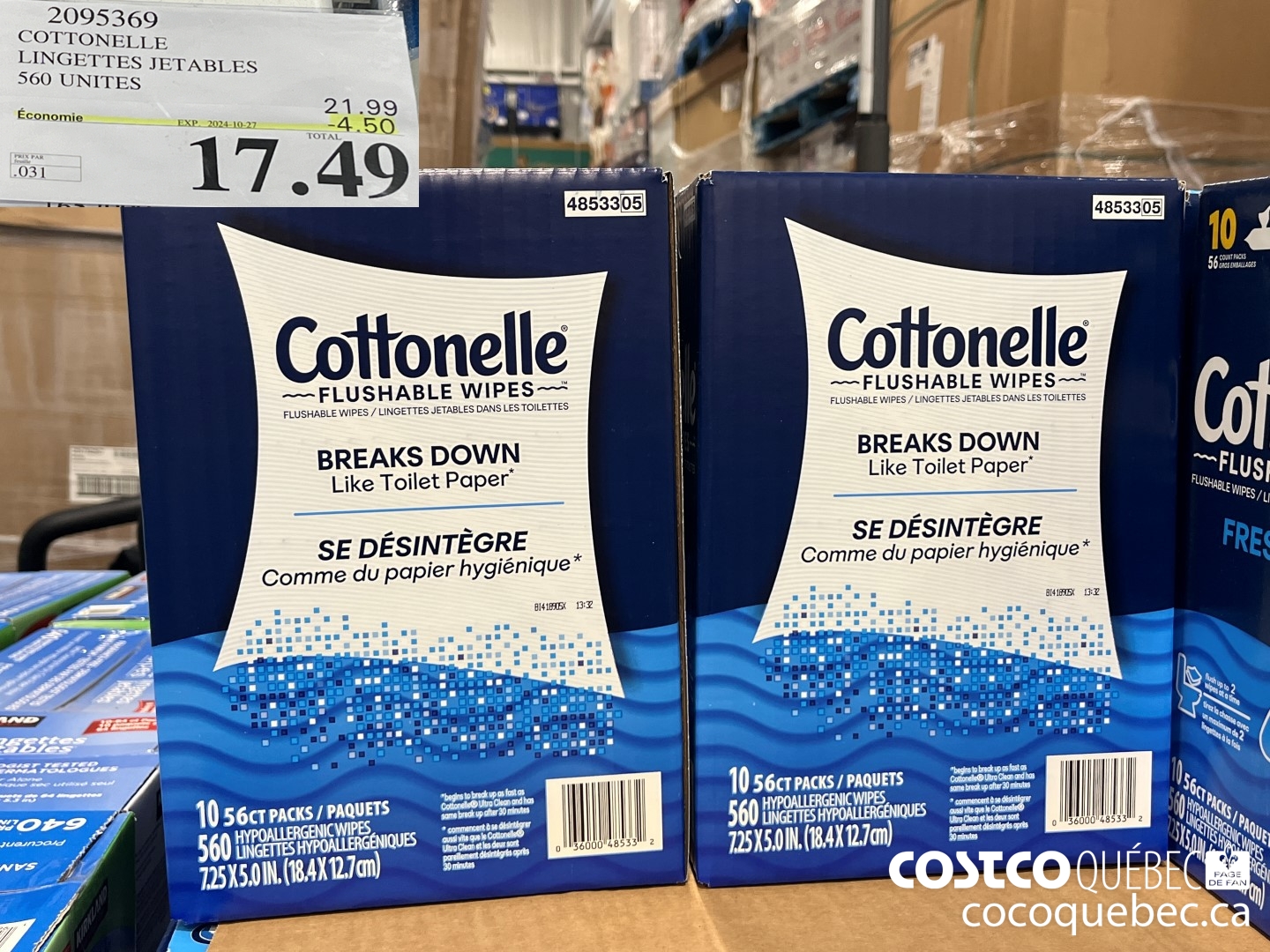 2095369 COTTONELLE LINGETTES JETABLES 560 UNITES  ($4.50 INSTANT SAVINGS EXPIRES ON 2024-10-27) $17.49