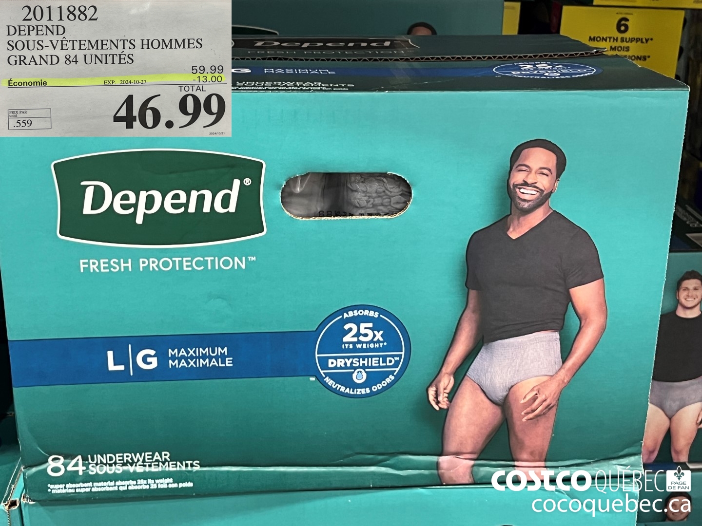 2011882 DEPEND SOUS-VéTEMENTS HOMMES GRAND 84 UNITES  ($13.00 INSTANT SAVINGS EXPIRES ON 2024-10-27) $46.99