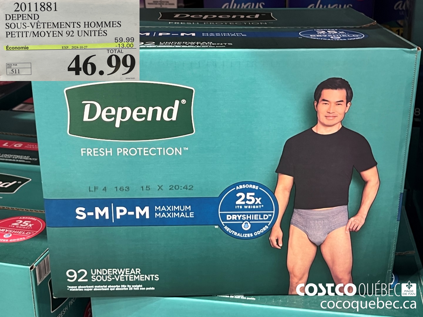 2011881 DEPEND SQUS-VeTEMENTS HOMMES P/M 92 UNITES ($13.00 INSTANT SAVINGS EXPIRES ON 2024-10-27) $46.99