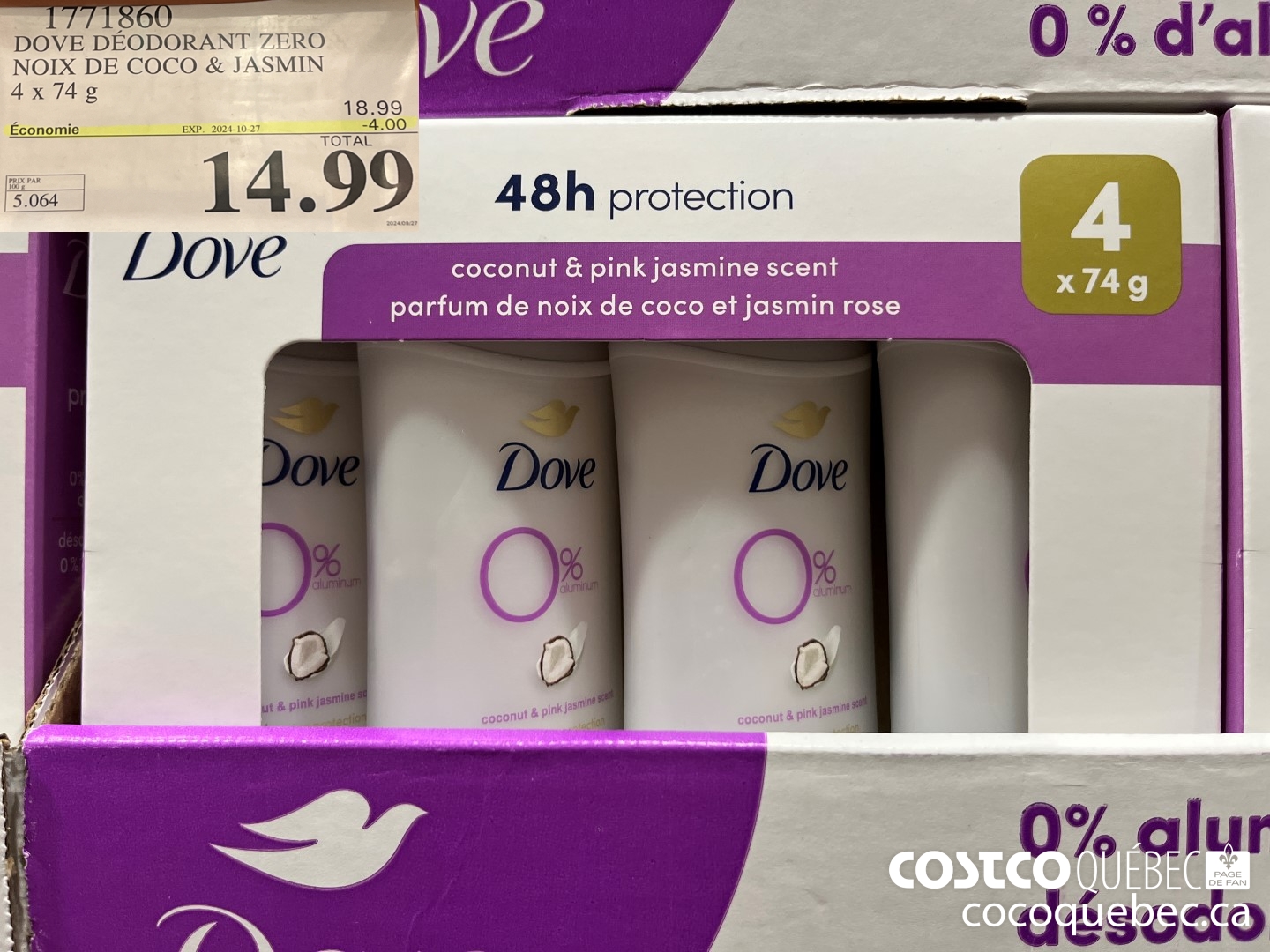 1771860 DOVE DEODORANT ZERO NOIX DE COCO & JASMIN  ($4.00 INSTANT SAVINGS EXPIRES ON 2024-10-27) $14.99