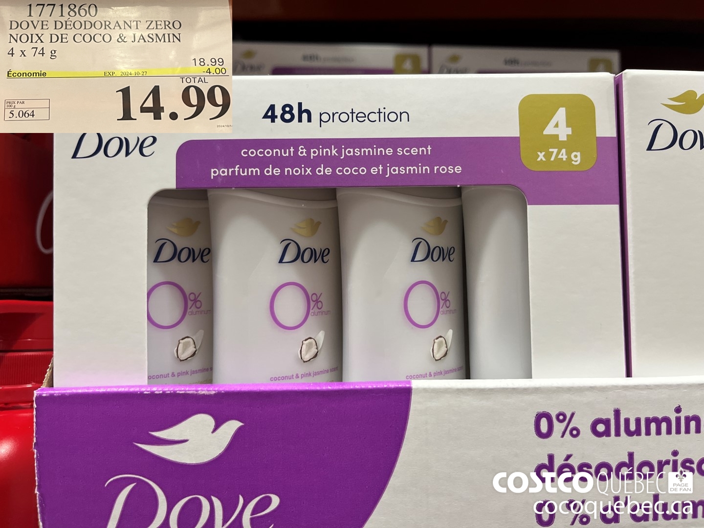 1771860 DOVE DEODORANT ZERO NOIX DE COCO & JASMIN  ($4.00 INSTANT SAVINGS EXPIRES ON 2024-10-27) $14.99