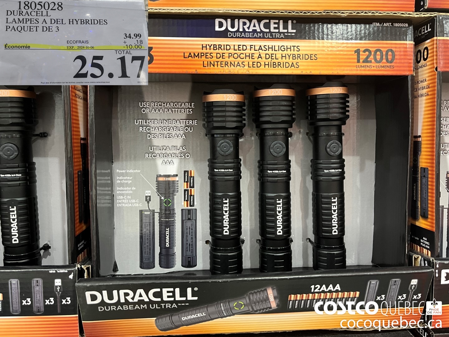 1805028 DURACELL LAMPES A DEL HYBRIDES PAQUET DE 3  ($10.00 INSTANT SAVINGS EXPIRES ON 2024-10-06) $25.17