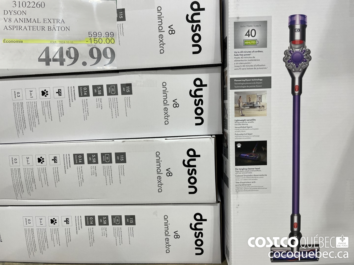 102260 DYSON V8 ANIMAL EXTRA ASPIRATEUR BATON Economie EXP. 2024-10-10 ee r= bO. OO TOTAL  ($599.99 INSTANT SAVINGS) $449.99
