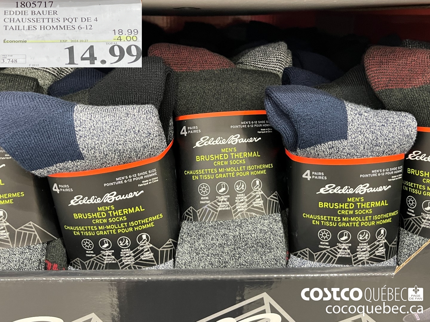 1805717 EDDIE BAUER CHAUSSETTES PQT DE 4 TAILLES HOMMES 6-12 2024-10-27 ($4.00 INSTANT SAVINGS) $14.99