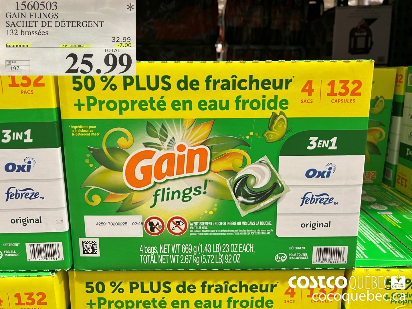 1560503 GAIN FLINGS SACHET DE DETERGENT 132 brassées ($7.00 INSTANT SAVINGS EXPIRES ON 2024-10-20) $25.99
