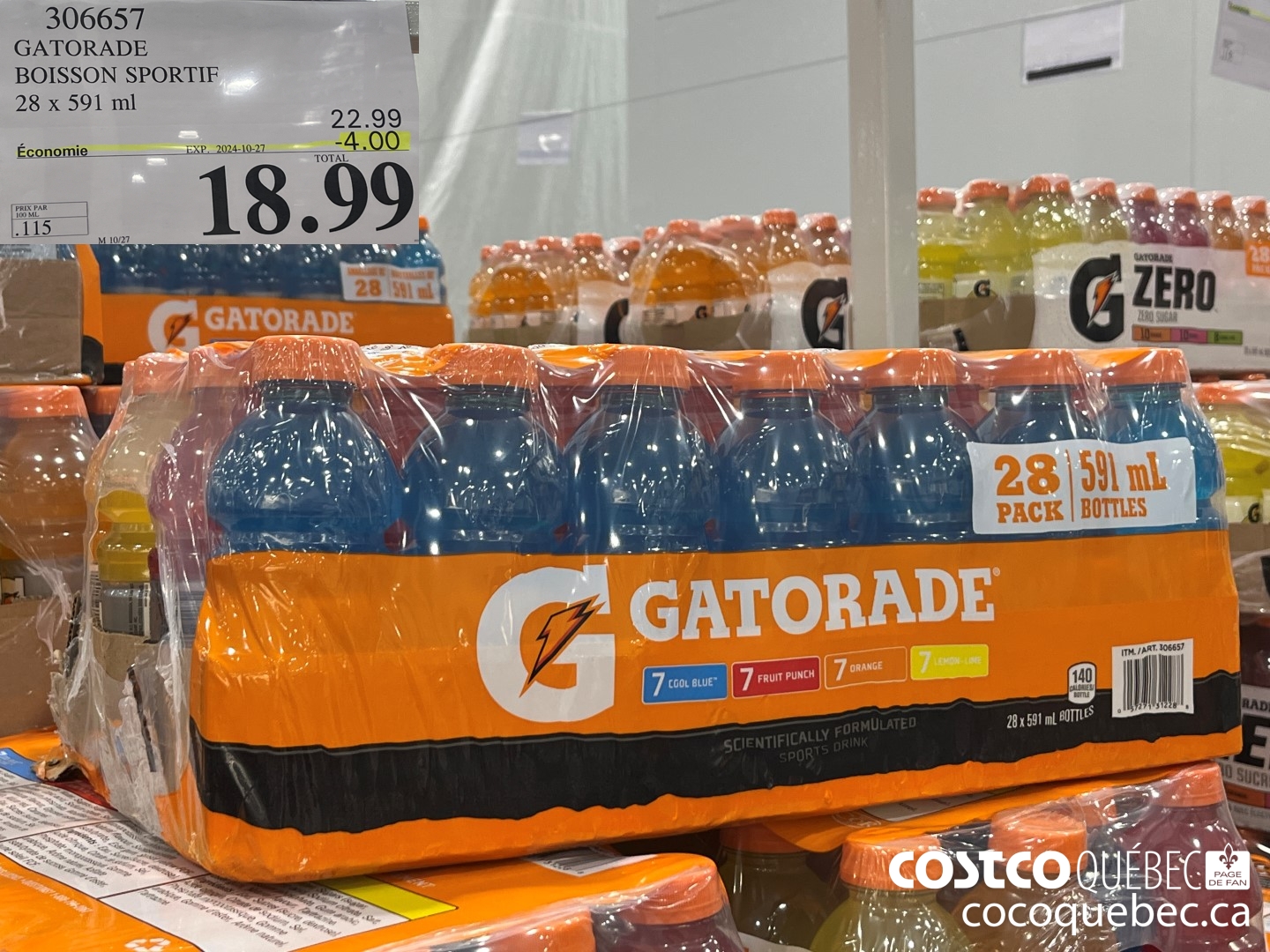 306657 GATORADE BOISSON SPORTIF 28 x 591 ml  ($4.00 INSTANT SAVINGS EXPIRES ON 2024-10-27) $18.99