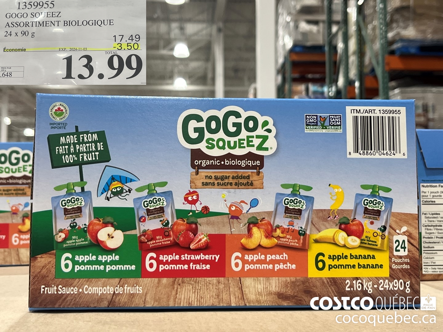 1359955 GOGO SQUEEZ ASSORTIMENT BIOLOGIQUE ($3.50 INSTANT SAVINGS EXPIRES ON 2024-11-03) $13.99