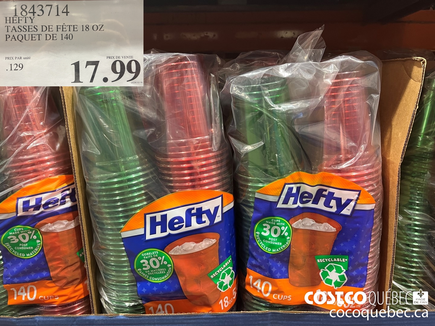 1843714 HEFTY TASSES DE FETE 18 OZ PAQUET DE 140  $17.99