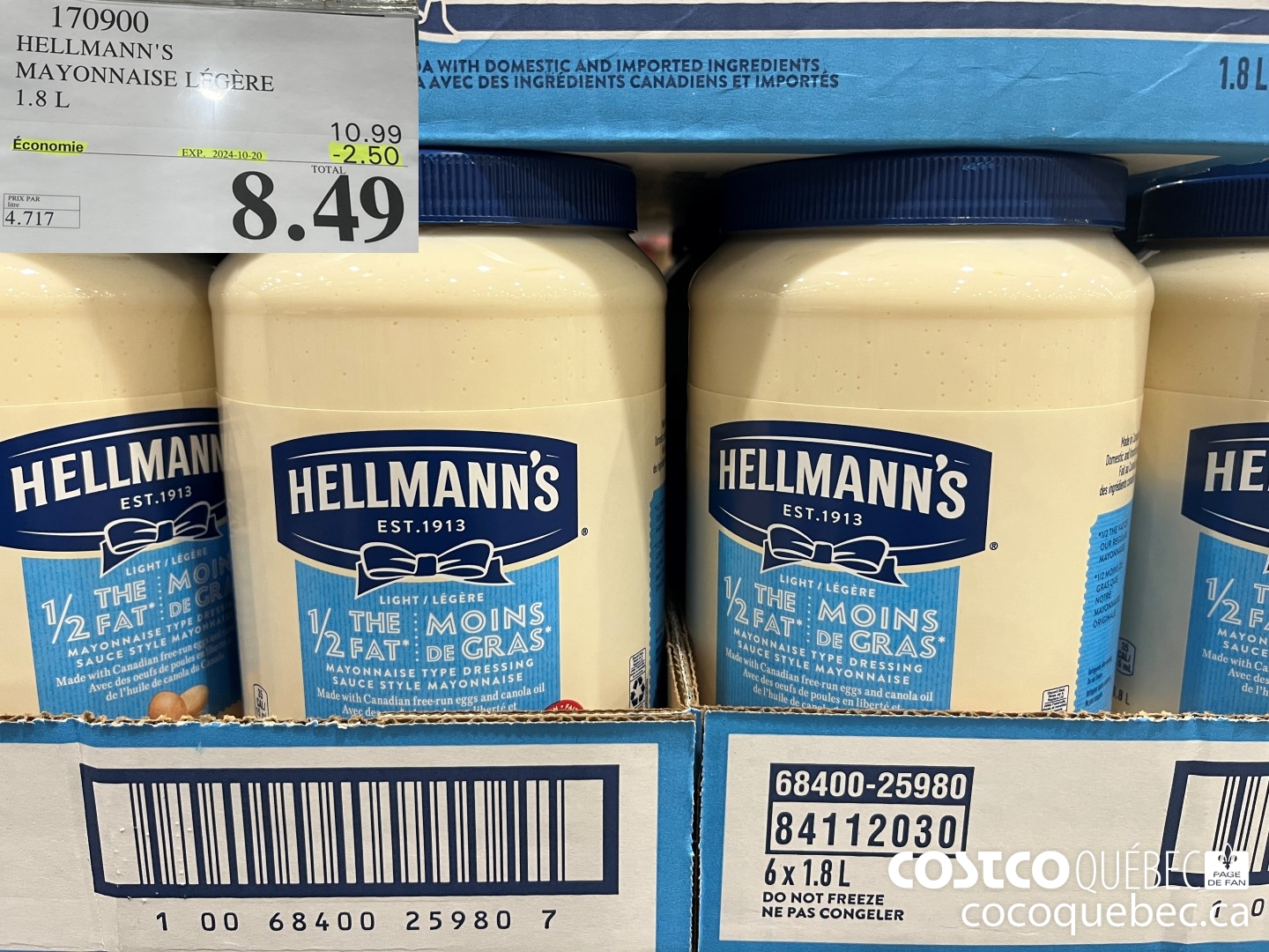 170900 HELLMANN'S MAYONNAISE LEGERE 1.8 L ($2.50 INSTANT SAVINGS EXPIRES ON 2024-10-20) $8.49