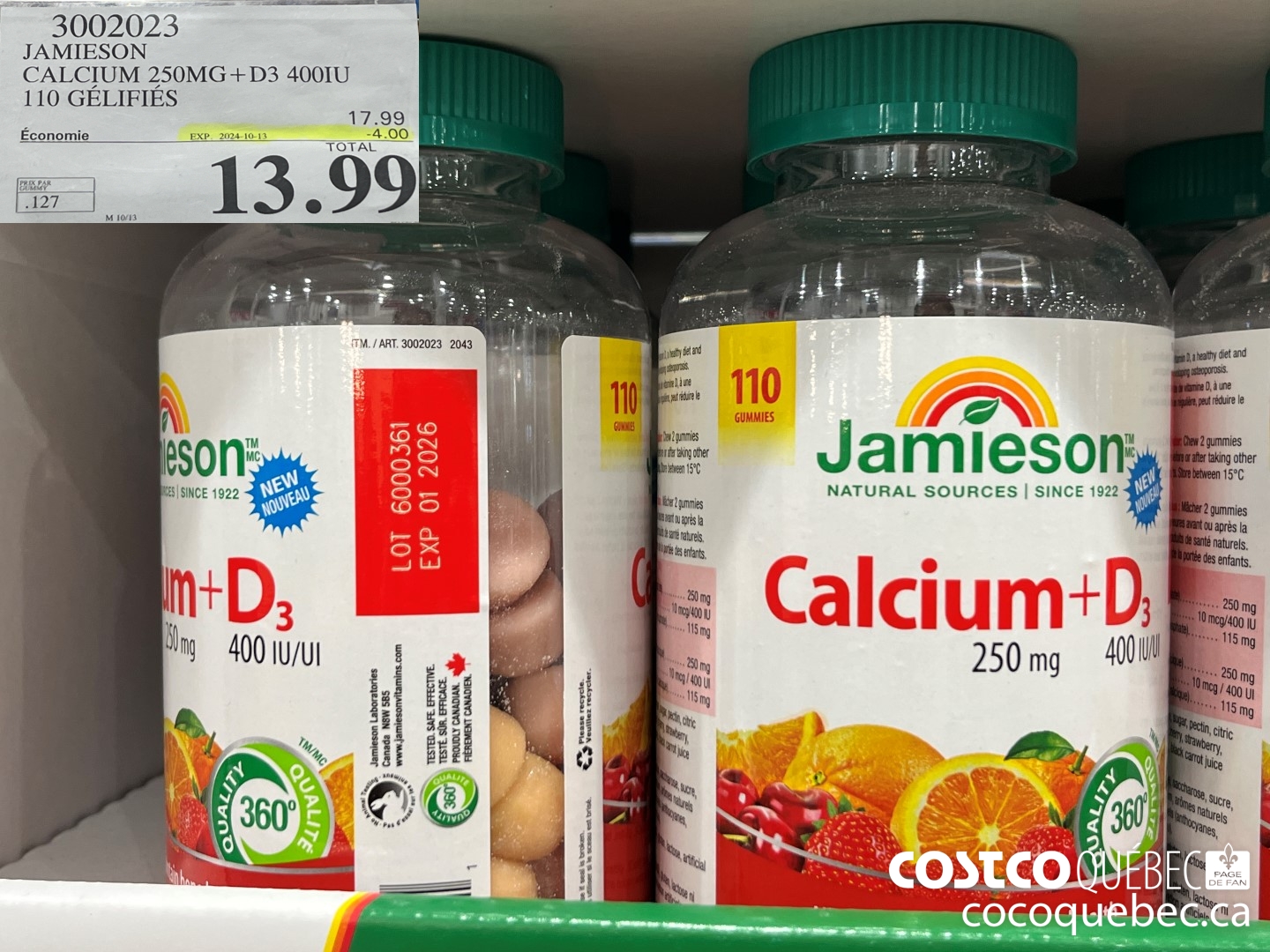 3002023 JAMIESON CALCIUM 250MG+D3 400IU 110 GELIFIES  ($4.00 INSTANT SAVINGS EXPIRES ON 2024-10-13) $13.99