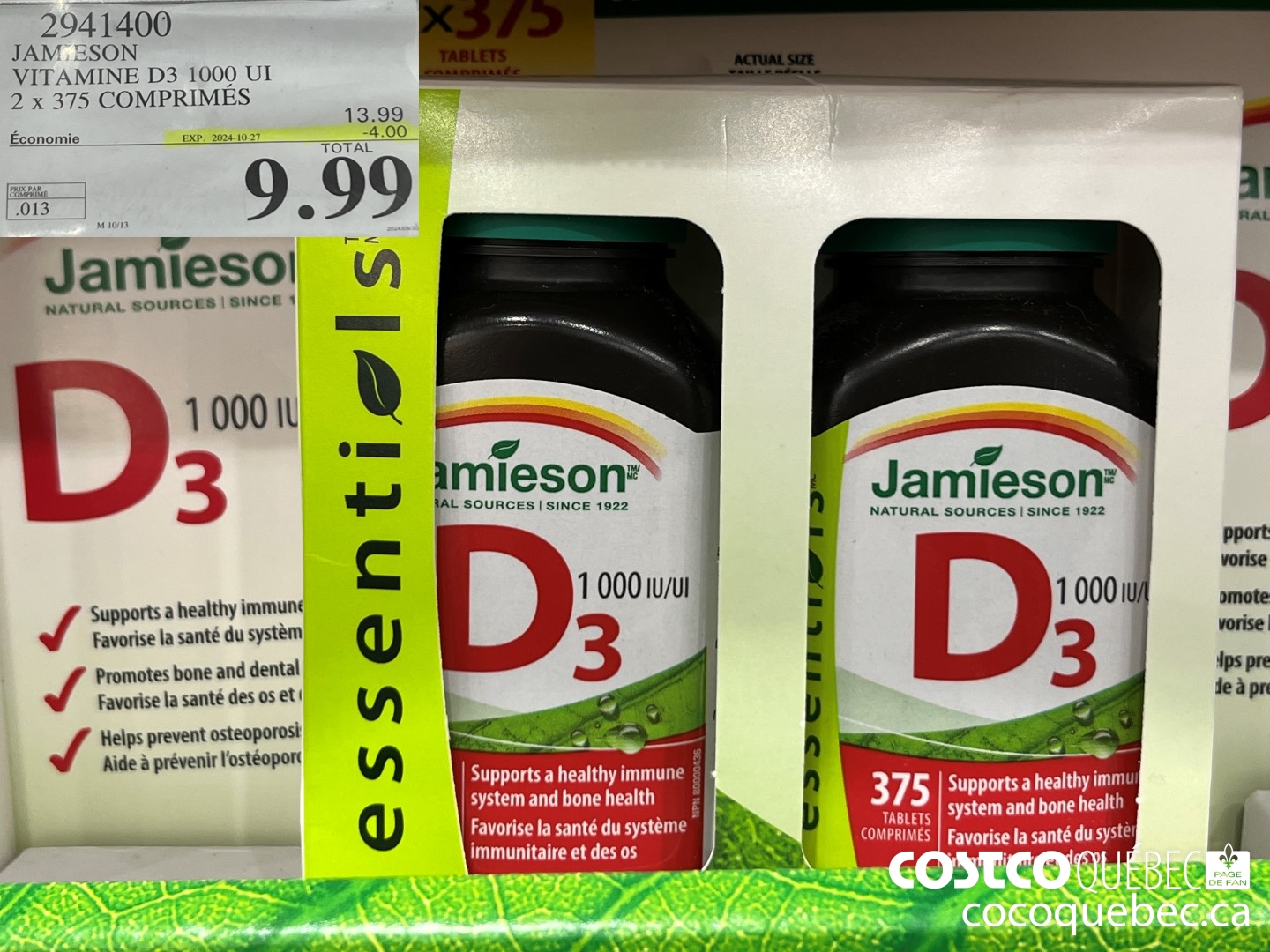 2941400 JAMIESON VITAMINE D3 1000UI 2X375 COMPRIMES ($4.00 INSTANT SAVINGS EXPIRES ON 2024-10-27) $9.99