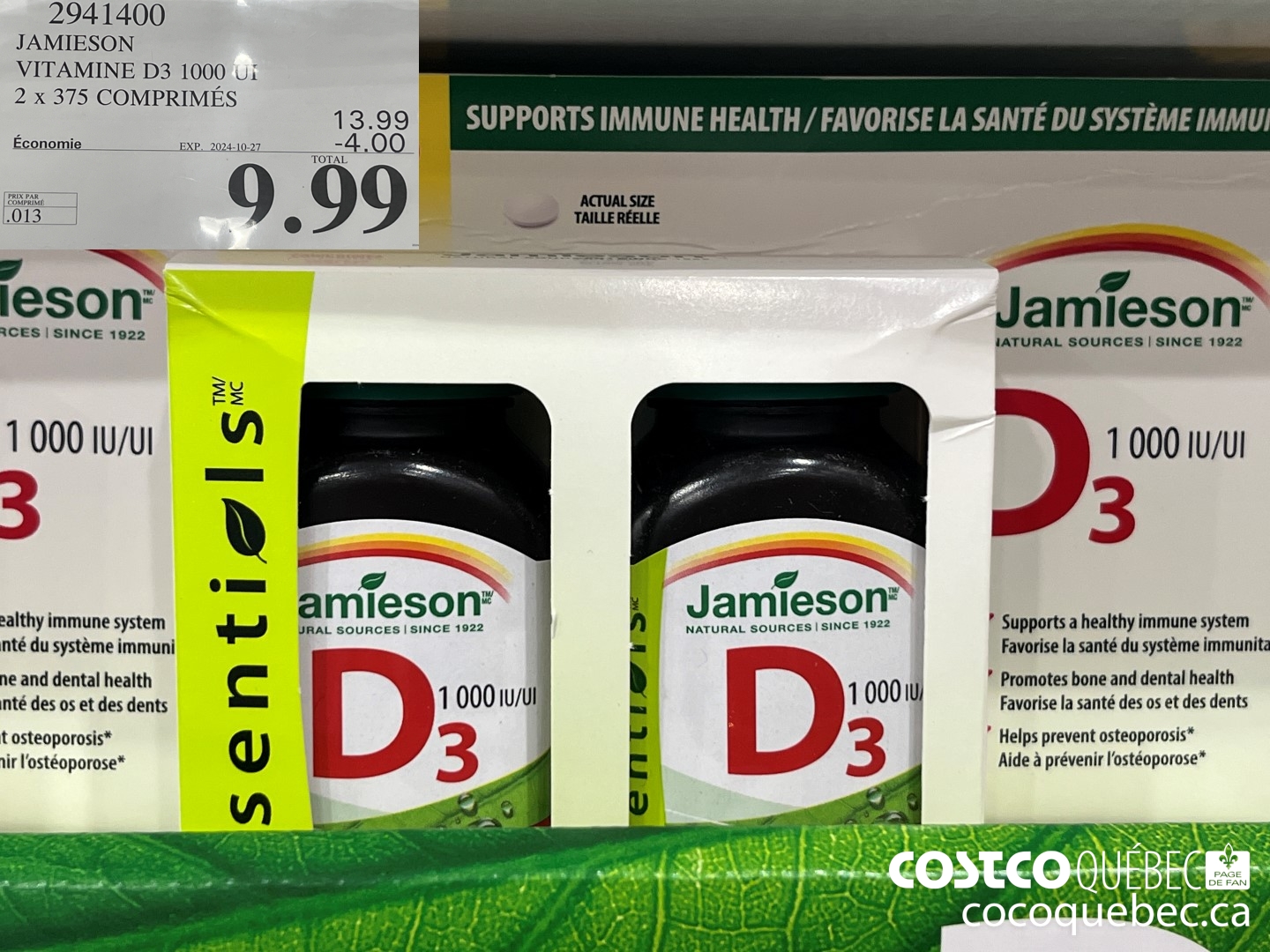 2941400 JAMIESON VITAMINE D3 1000UI 2X375 COMPRIMES ($4.00 INSTANT SAVINGS EXPIRES ON 2024-10-27) $9.99