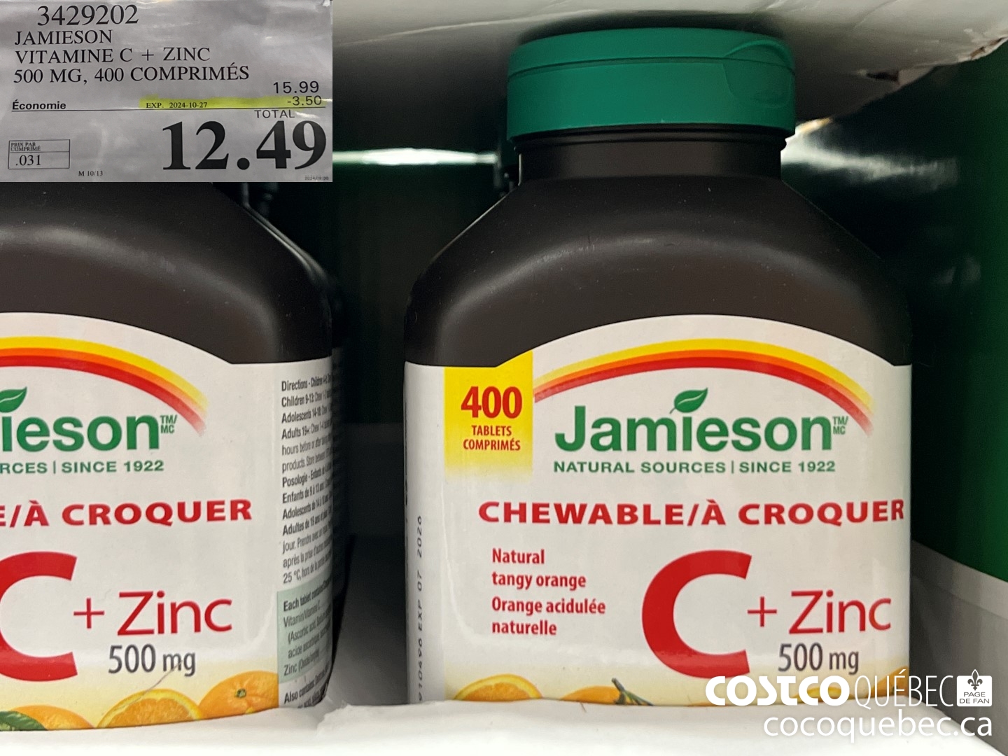 3429202 JAMIESON - VITAMINE C+ZINC 500MG | 400 COMPRIMES ($3.50 INSTANT SAVINGS EXPIRES ON 2024-10-27) $12.49