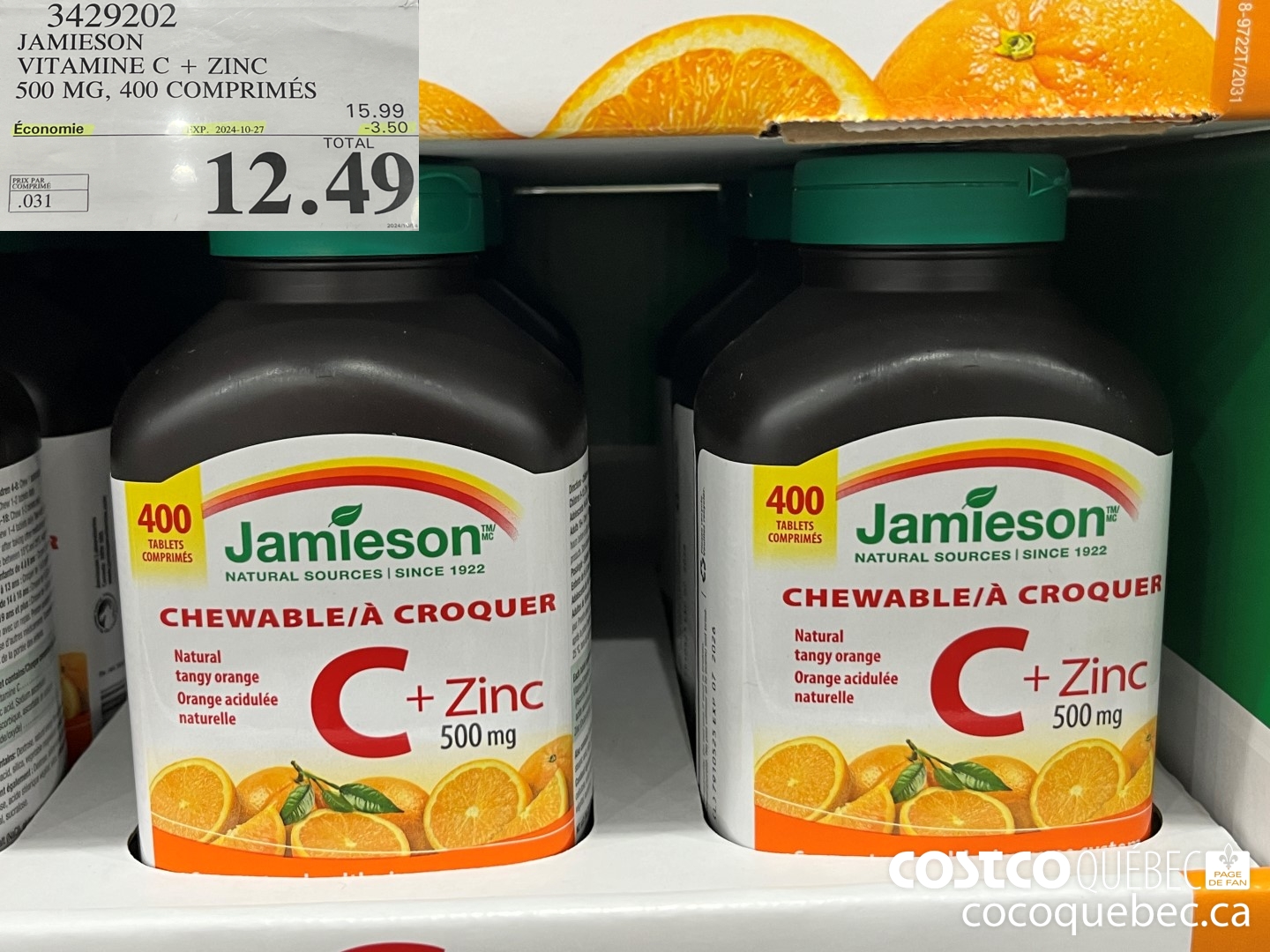 3429202 JAMIESON - VITAMINE C+ZINC 500MG | 400 COMPRIMES ($3.50 INSTANT SAVINGS EXPIRES ON 2024-10-27) $12.49