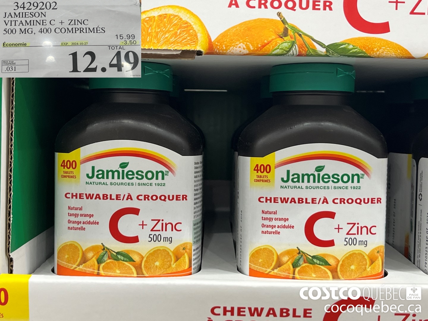 3429202 JAMIESON - VITAMINE C+ZINC 500MG | 400 COMPRIMES ($3.50 INSTANT SAVINGS EXPIRES ON 2024-10-27) $12.49