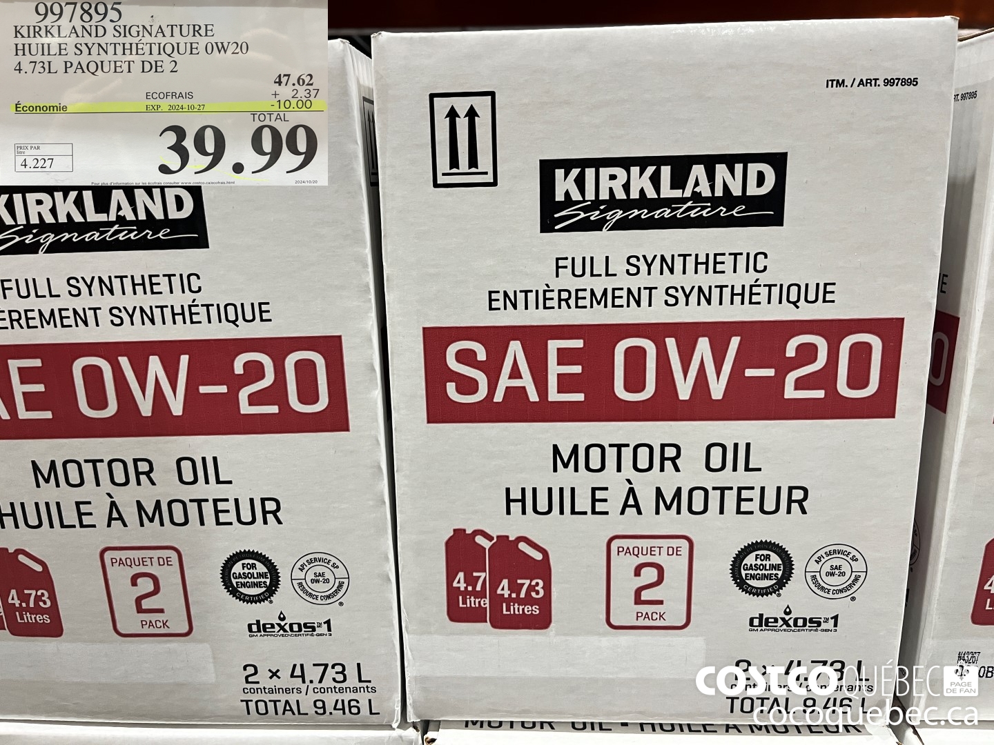 997895 KIRKLAND SIGNATURE HUILE SYNTHETIQUE 0W20 4.73L PAQUET DE 2  ($10.00 INSTANT SAVINGS EXPIRES ON 2024-10-27) $39.99