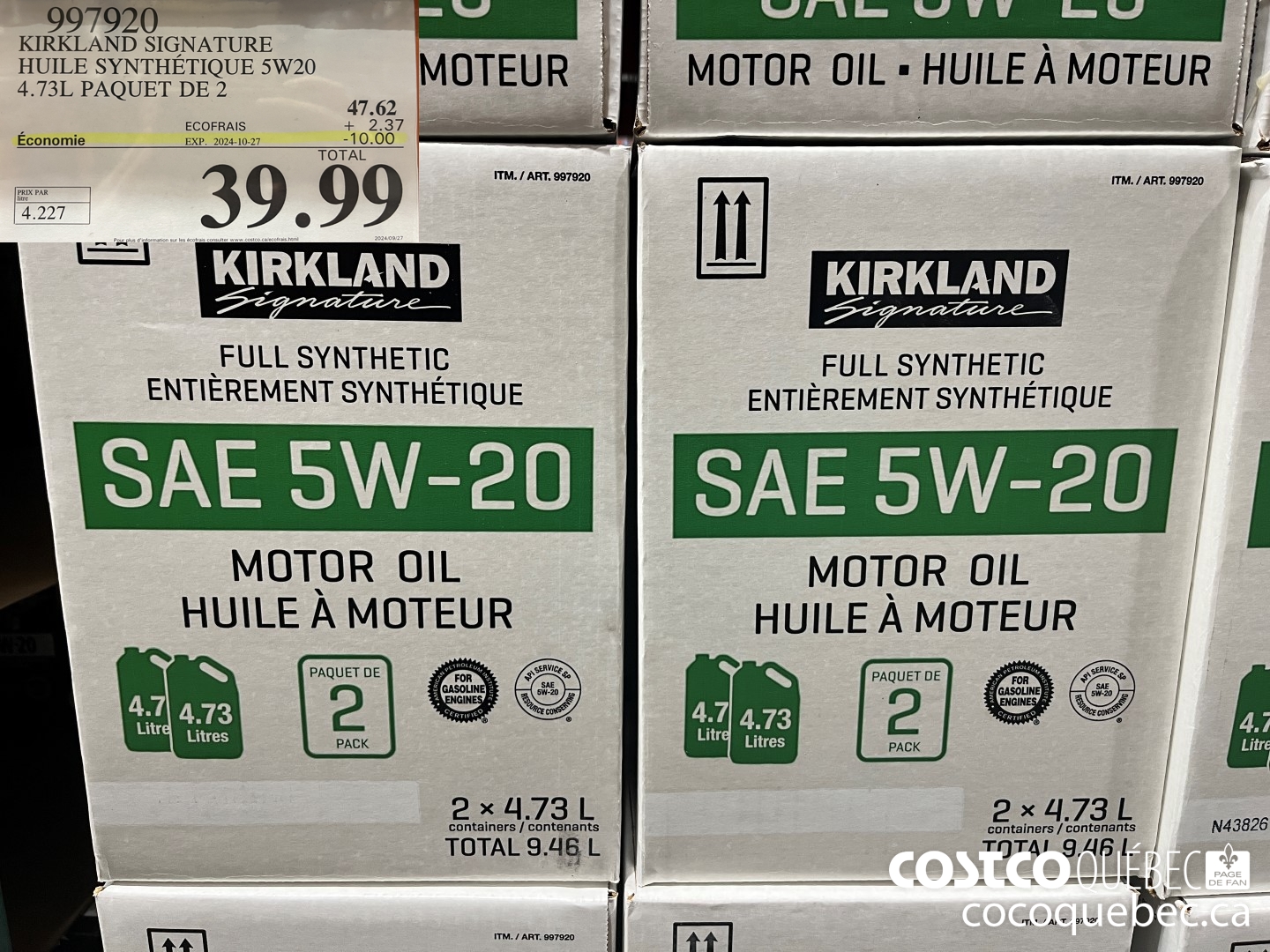 997920 KIRKLAND SIGNATURE HUILE SYNTHETIQUE 5W20 4.73L PAQUET DE 2  ($10.00 INSTANT SAVINGS EXPIRES ON 2024-10-27) $39.99