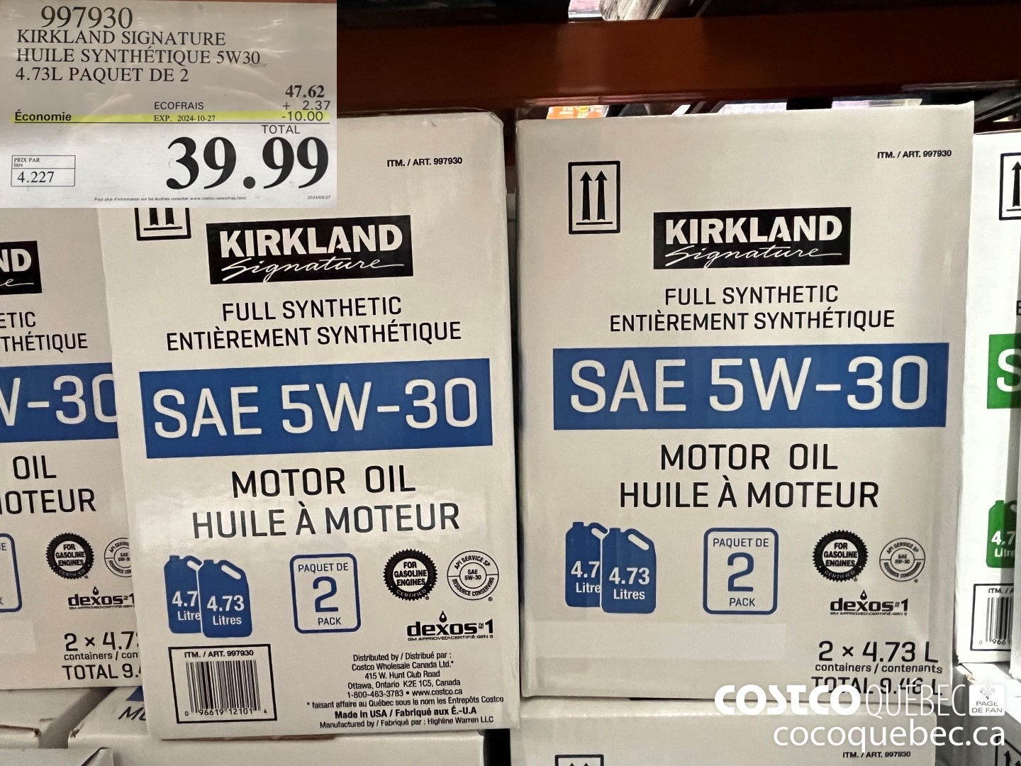 9977930 KIRKLAND SIGNATURE HUILE SYNTHETIQUE 5W30. 4.73L PAQUET DE 2 : res To £37 Economie 2024-10-27 -10.00 TOTAL — 39.99  $47.62