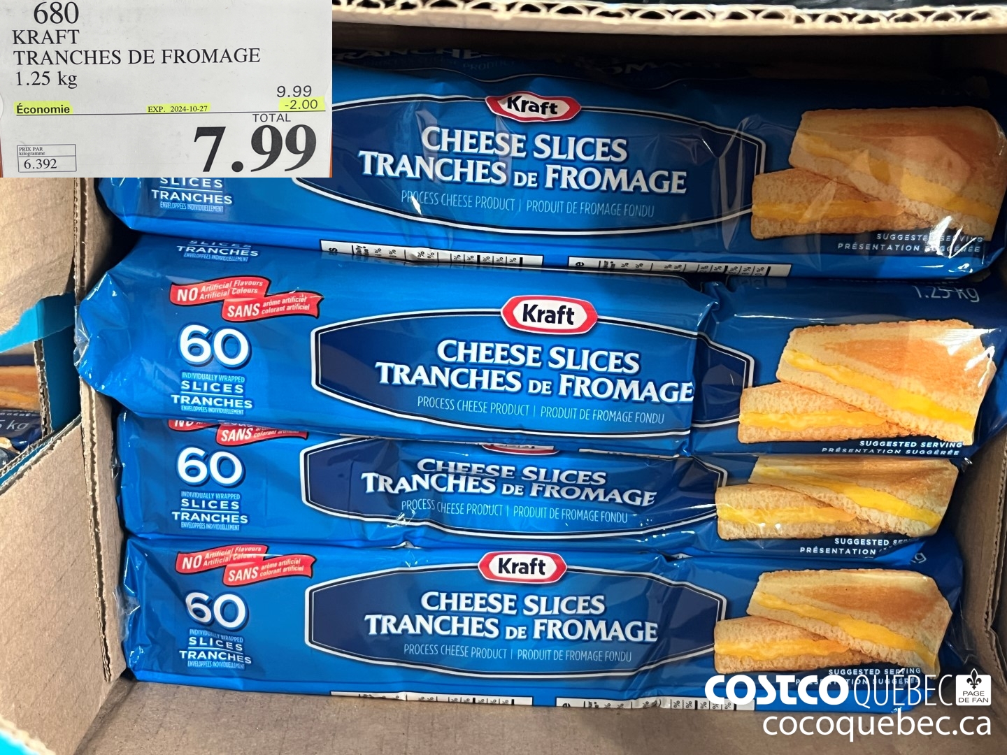680 KRAFT TRANCHES DE FROMAGE 1.2 Kg ee © 7 Hi 2024 30)  ($2.00 INSTANT SAVINGS EXPIRES ON 2024-10-27) $7.99