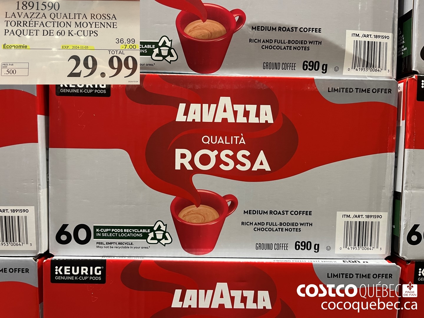 1891590 LAVAZZA QUALITA ROSSA TORREFACTION MOYENNE PAQUET DE 60 K-CUPS  (EXPIRES ON 2024-11-03) $29.99