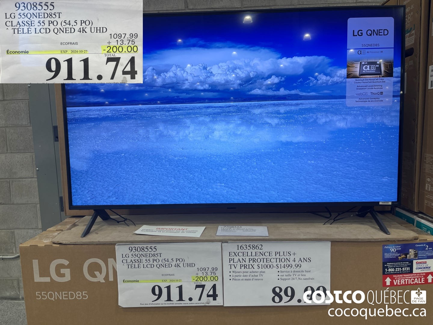 9308555 LG 55QNED85T CLASSE 55 PO (54,5 PO) TELE LCD QNED 4K UHD TOTAL ~911.74  ($200.00 INSTANT SAVINGS EXPIRES ON 2024-10-27) $911.74