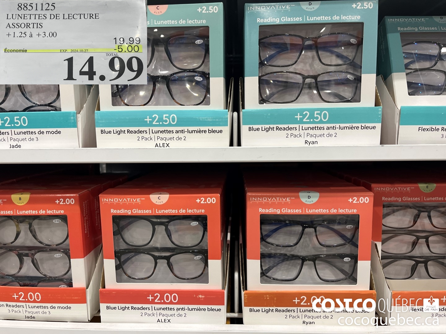 8851125 LUNETTES DE LECTURE ASSORTIS  ($5.00 INSTANT SAVINGS EXPIRES ON 2024-10-27) $14.99