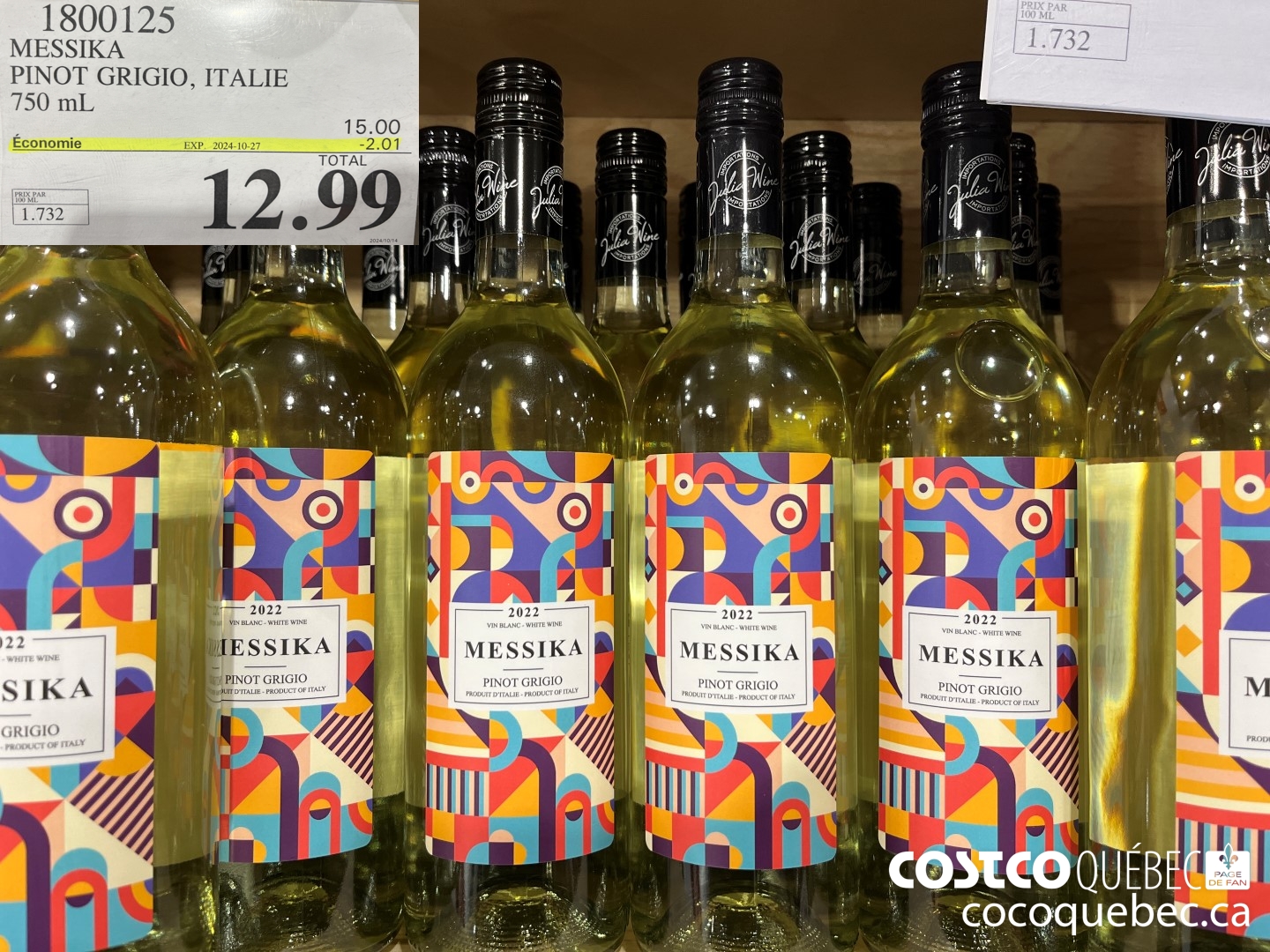 1800125 MESSIKA PINOT GRIGIO, IT ALIE 750 mL  ($2.01 INSTANT SAVINGS EXPIRES ON 2024-10-27) $12.99