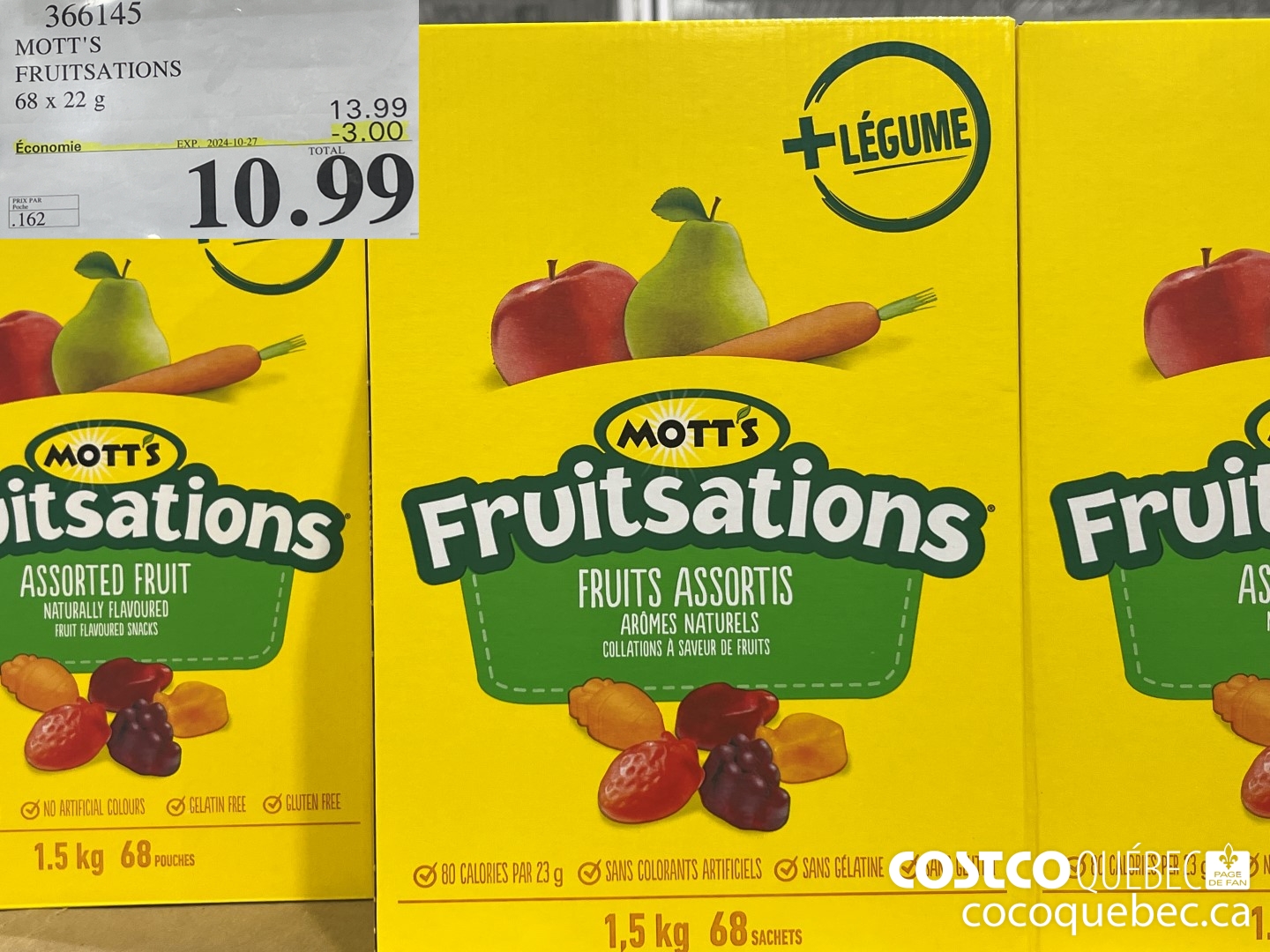 366145 MOTT'S FRUITSATIONS 68 x 22g  ($3.00 INSTANT SAVINGS EXPIRES ON 2024-10-27) $10.99