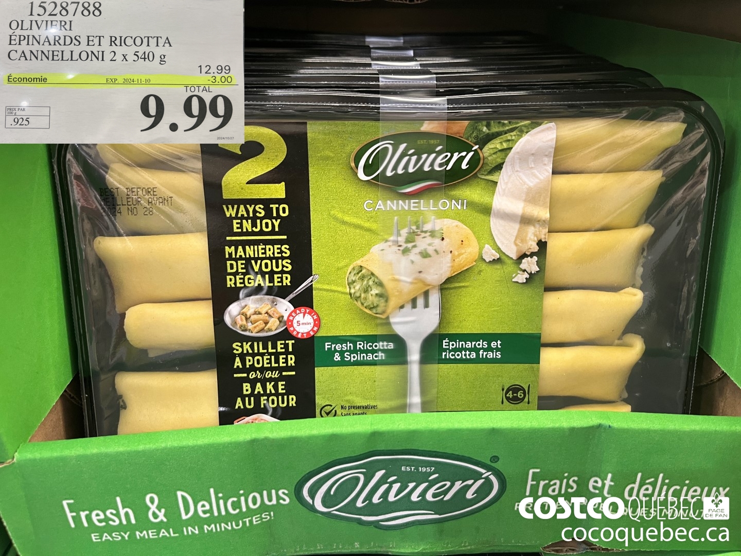 1528788 OLIVIERI EPINARDS ET RICOTTA CANNELLONI 2 x 540 g  ($2.50 INSTANT SAVINGS EXPIRES ON 2024-11-10) $9.99