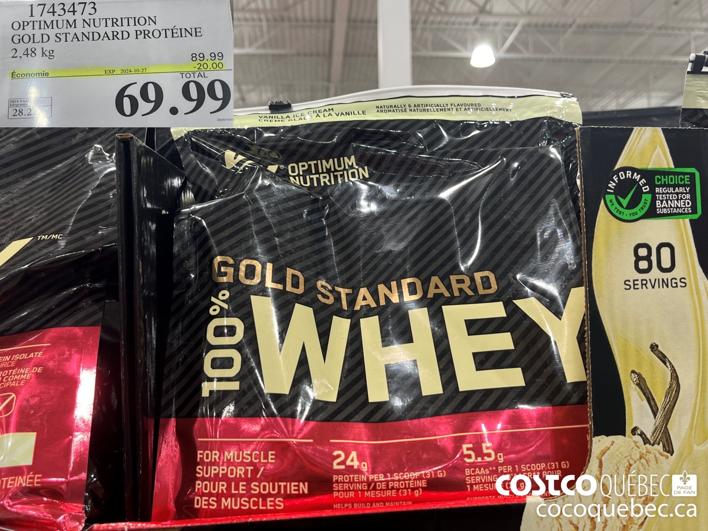 1743473 OPTIMUM NUTRITION GOLD STANDARD PROTEINE 2,48 kg  ($20.00 INSTANT SAVINGS EXPIRES ON 2024-10-27) $69.99