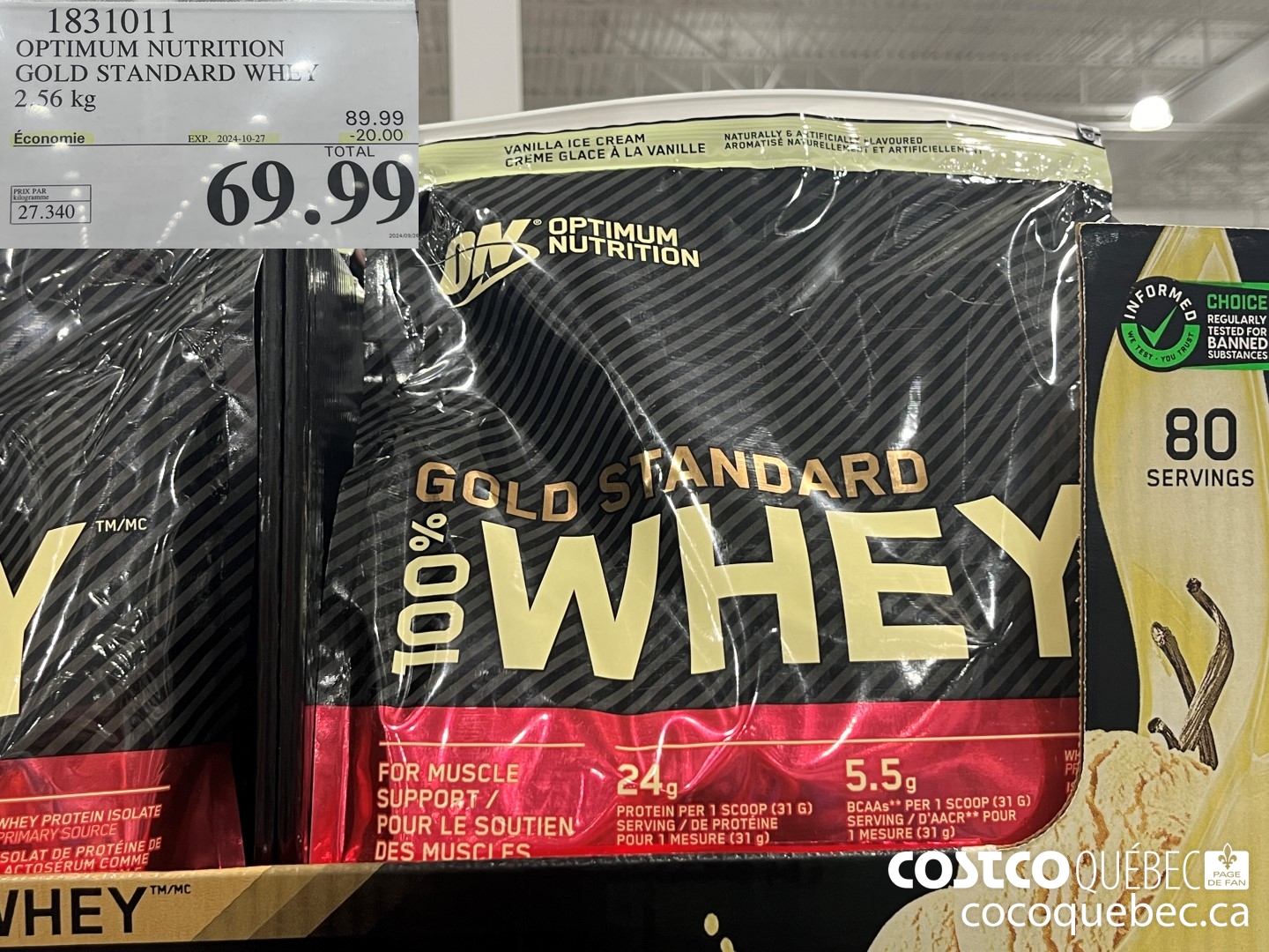1831011 OPTIMUM NUTRITION GOLD STANDARD WHEY 2.56 kg  ($20.00 INSTANT SAVINGS EXPIRES ON 2024-10-27) $69.99