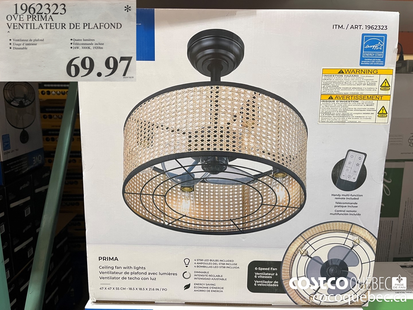 1962323 OVE PRIMA VENTILATEUR DE PLAFOND  $69.97