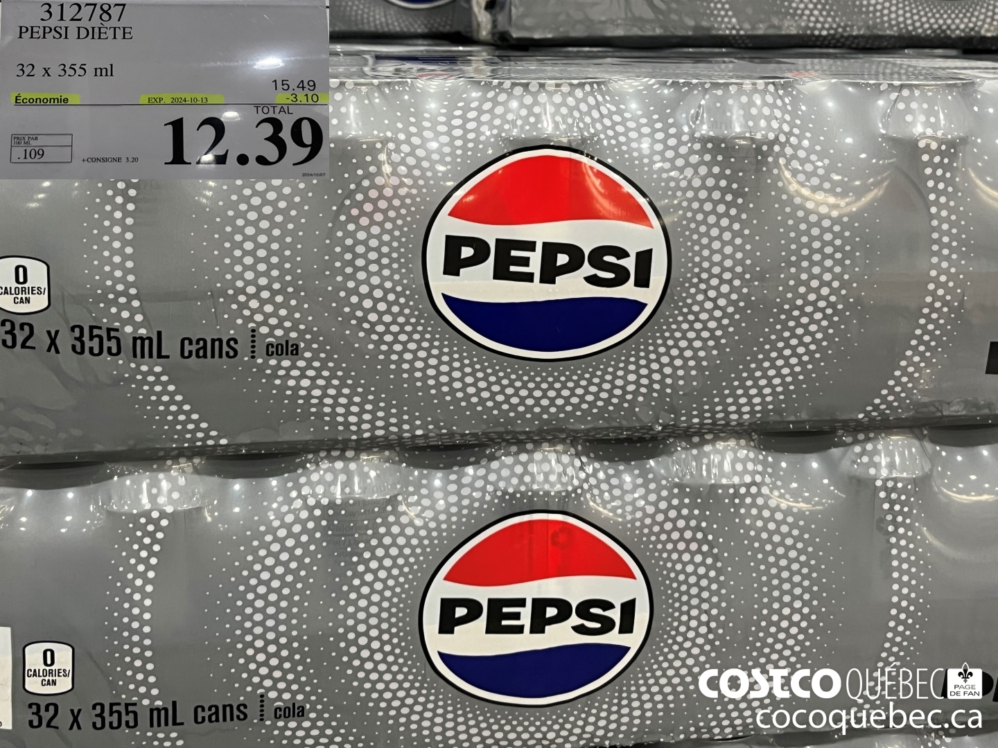 312787 PEPSI DIETE 32 x 355 ml ($2.90 INSTANT SAVINGS EXPIRES ON 2024-10-13) $12.39