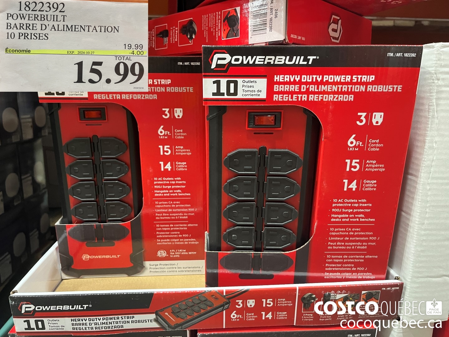 1822392 POWERBUILT BARRE D'ALIMENTATION 10 PRISES  ($4.00 INSTANT SAVINGS EXPIRES ON 2024-10-27) $15.99