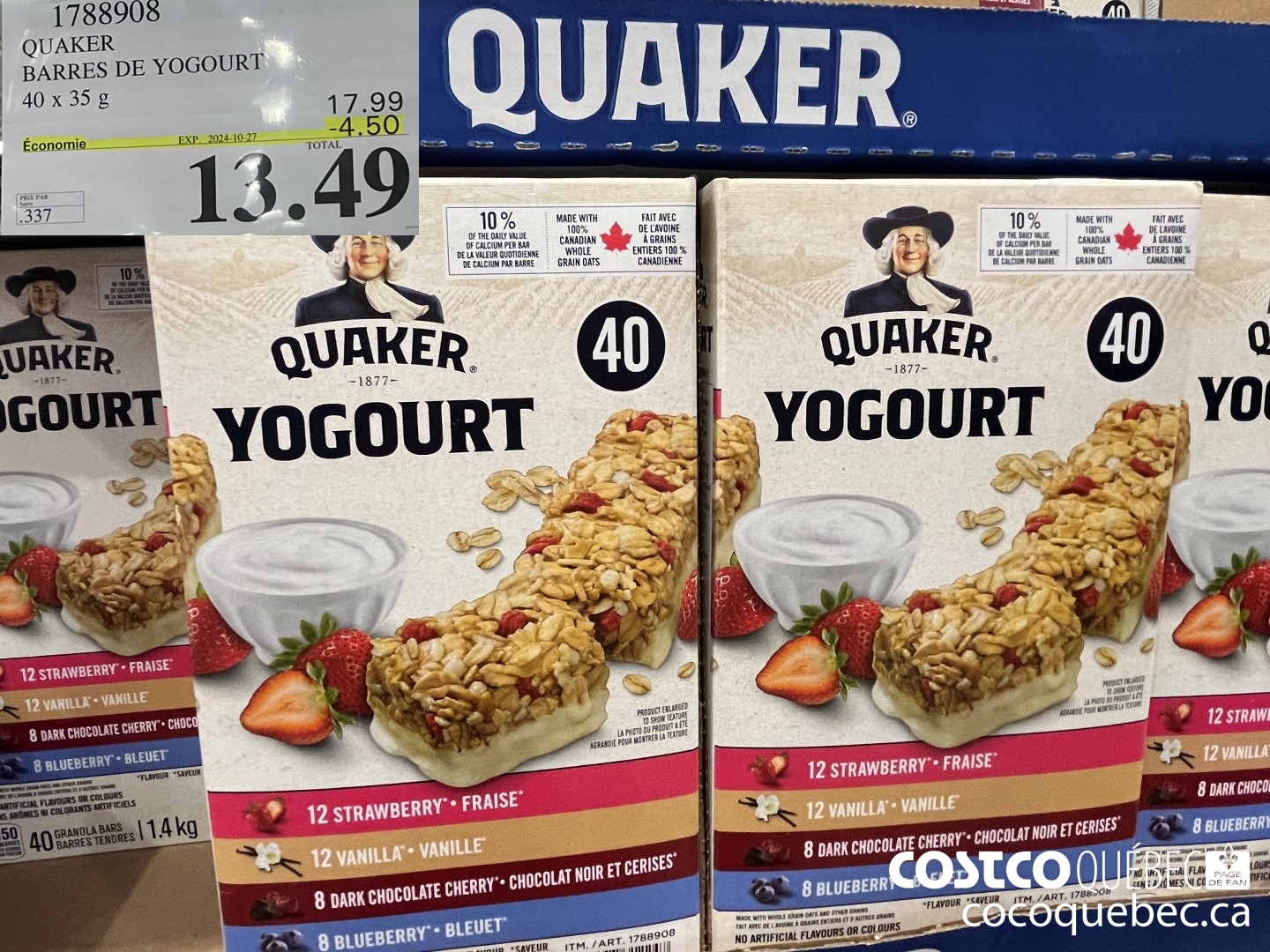 1788908 QUAKER BARRES DE YOGOURT 40 x 35 g  ($4.50 INSTANT SAVINGS EXPIRES ON 2024-10-27) $13.49