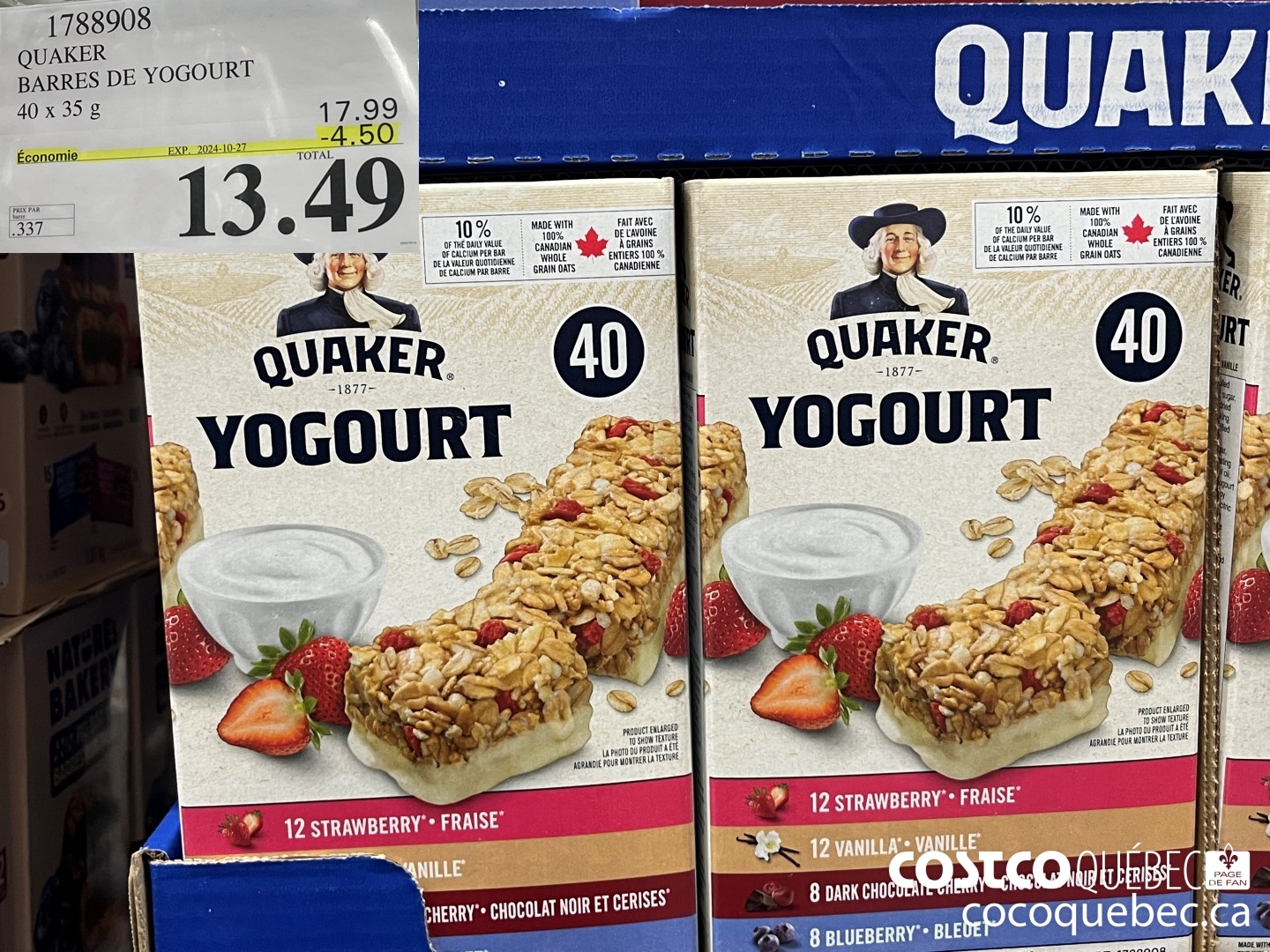 1788908 QUAKER BARRES DE YOGOURT 40 x 35 g  ($4.50 INSTANT SAVINGS EXPIRES ON 2024-10-27) $13.49