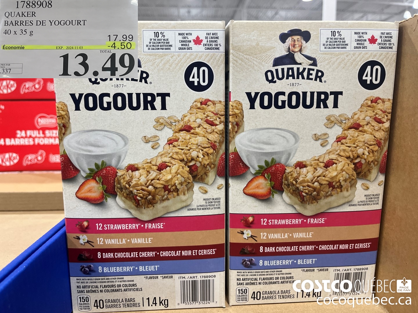 1788908 QUAKER BARRES DE YOGOURT 40 x 35 g  ($4.50 INSTANT SAVINGS EXPIRES ON 2024-11-03) $13.49
