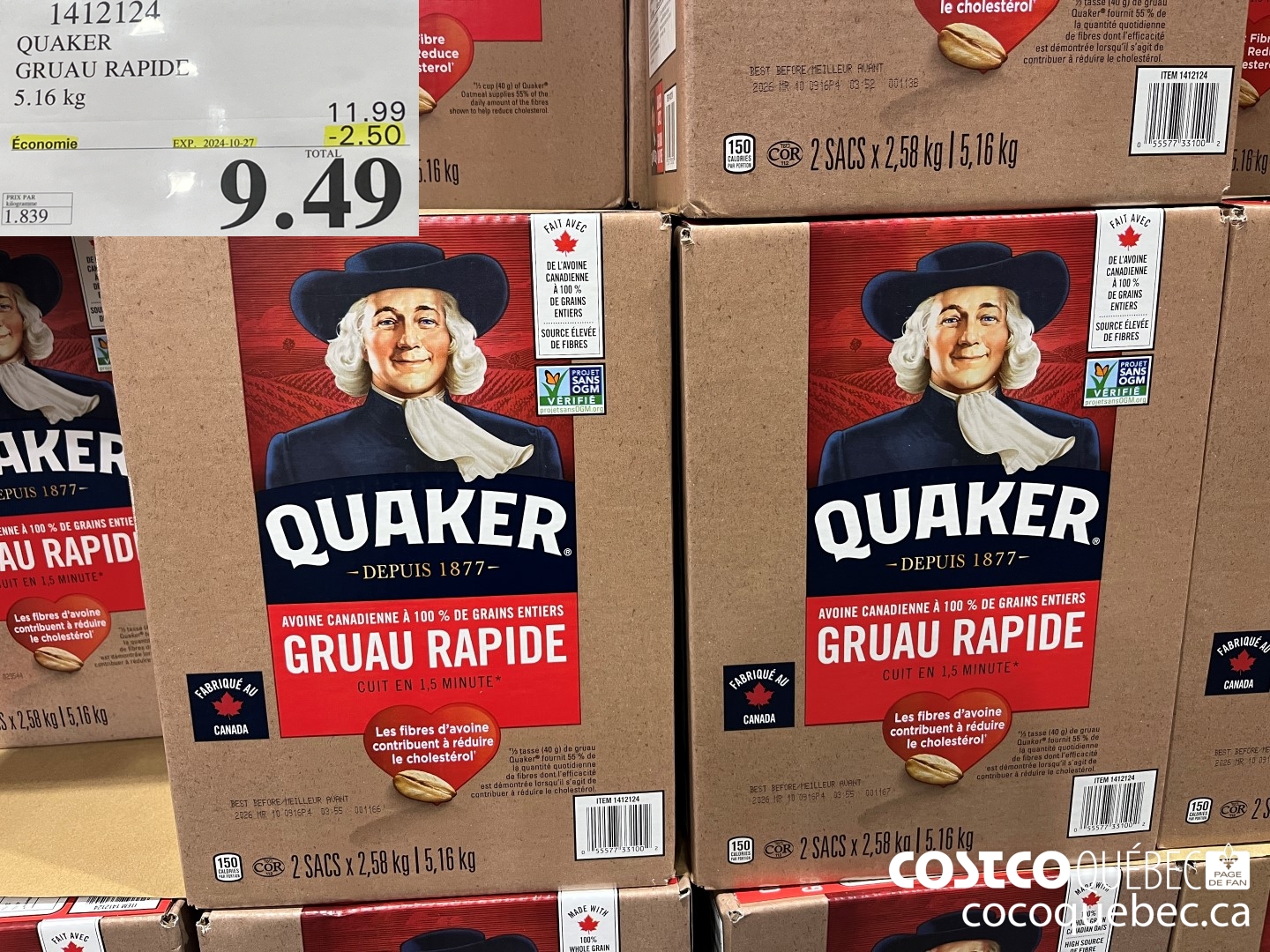 1412124 QUAKER GRUAU RAPIDE  ($2.50 INSTANT SAVINGS EXPIRES ON 2024-10-27) $9.49