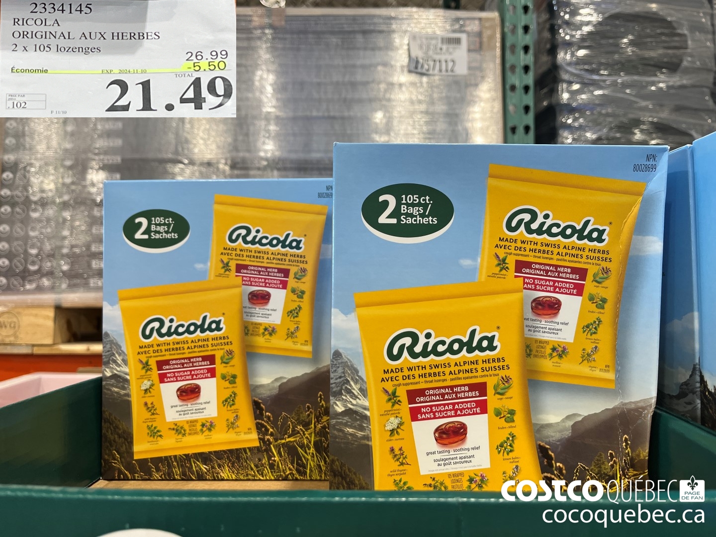 2334145 RICOLA ORIGINAL AUX HERBES 2 x 105 lozenges  ($5.50 INSTANT SAVINGS EXPIRES ON 2024-11-10) $21.49