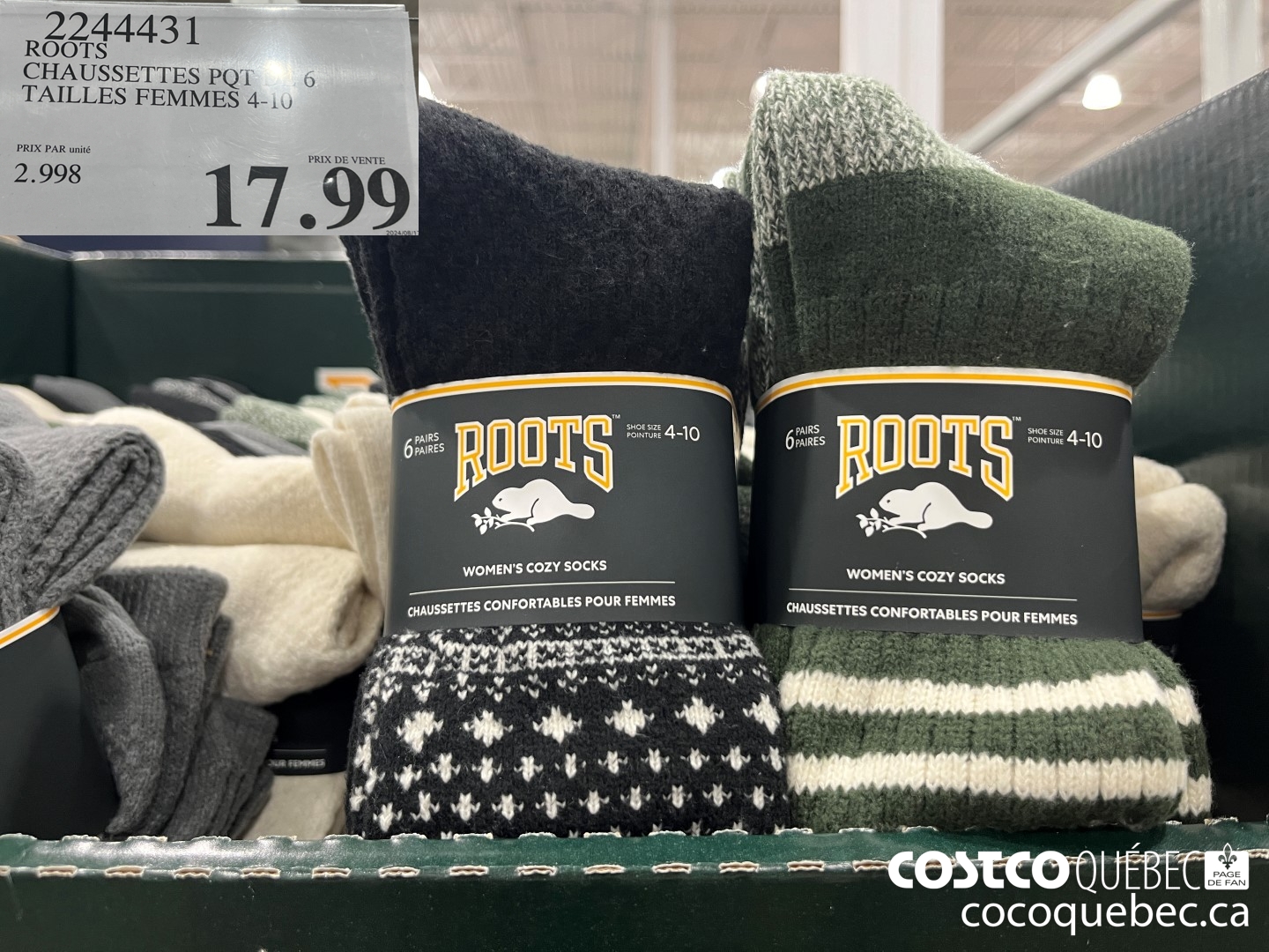 2244431 ROOTS CHAUSSETTES PQT DE 6 TAILLES FEMMES 4-10  $17.99