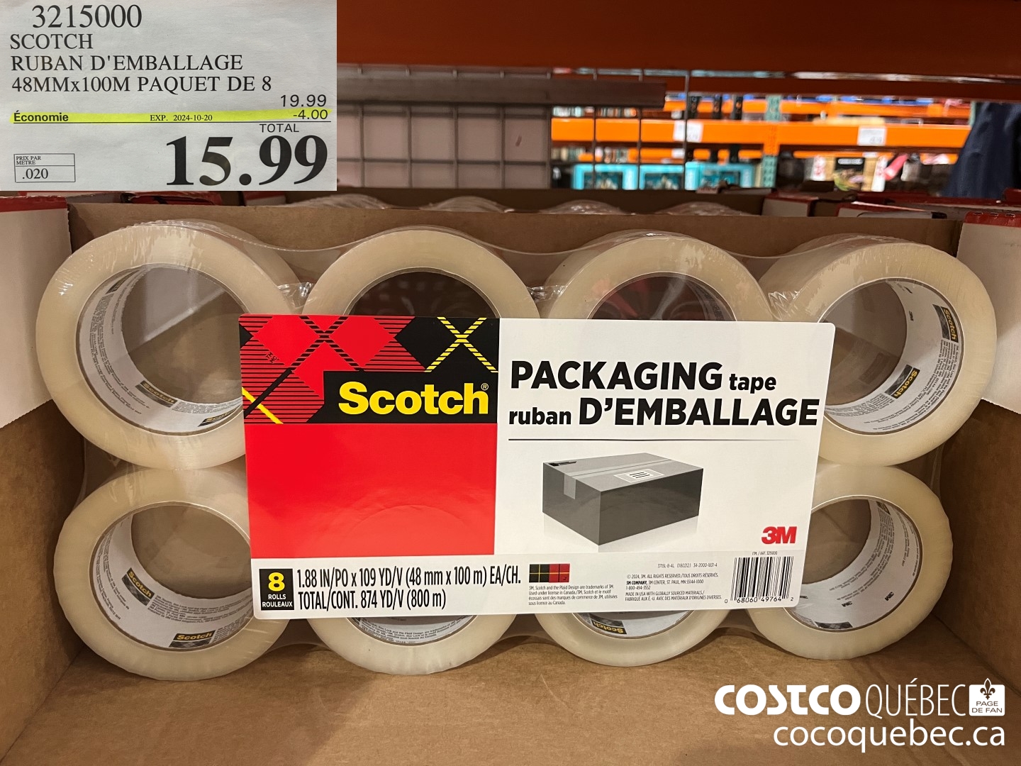 3215000 SCOTCH RUBAN D'EMBALLAGE 48MMx100M PAQUET DE 8  ($4.00 INSTANT SAVINGS EXPIRES ON 2024-10-20) $15.99