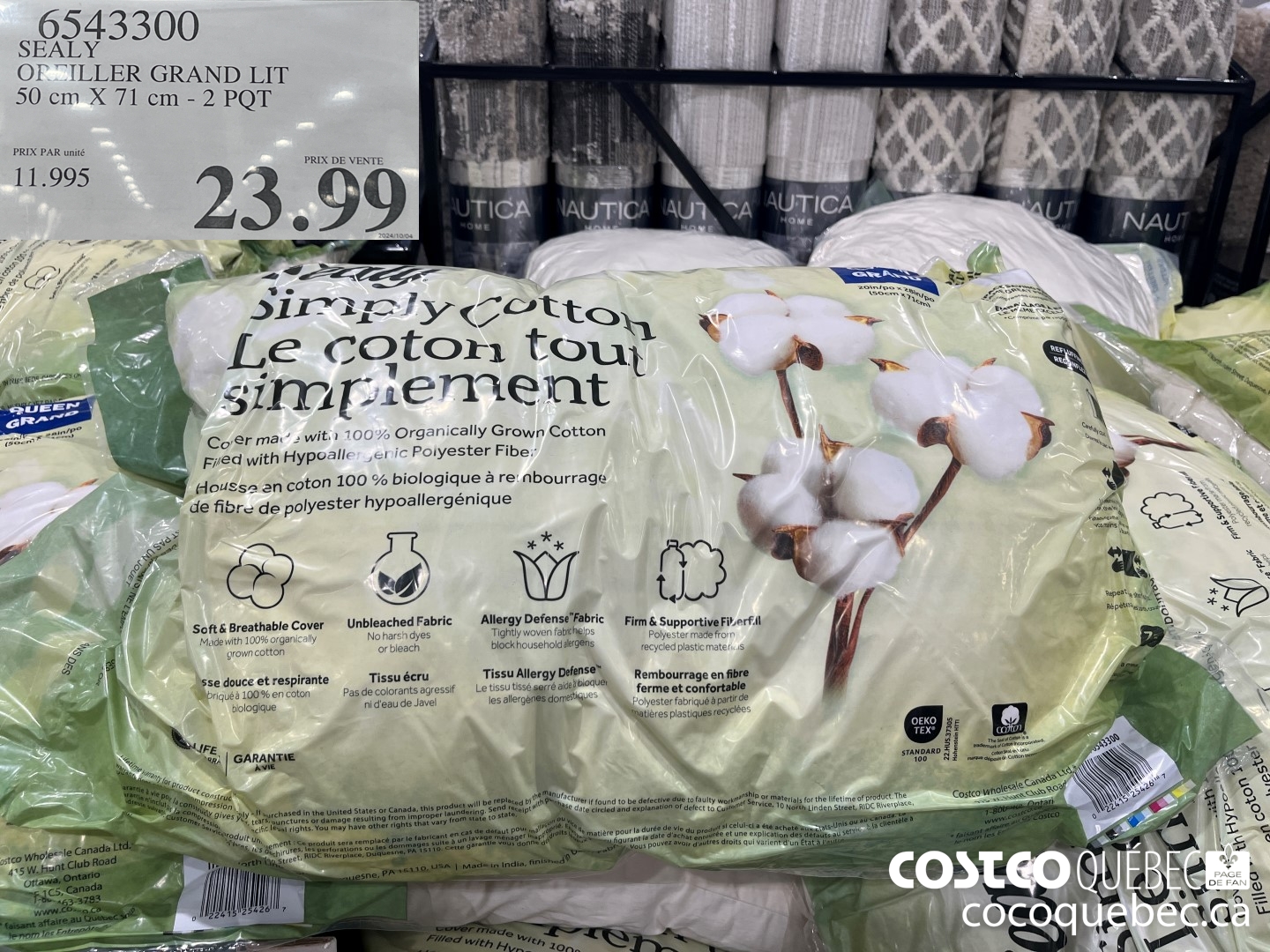 6543300 SEALY OREILLER GRAND LIT 50cm X 71 Cm -2 PQT  $23.99