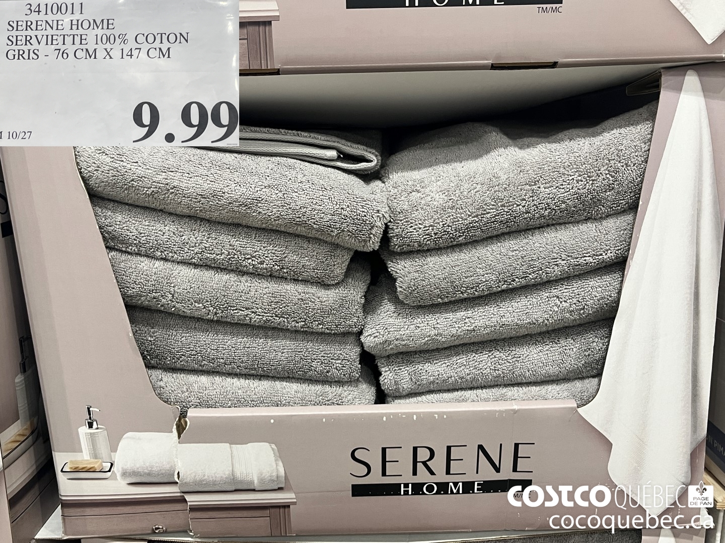 3410011 SERENE HOME SERVIETTE 100% COTON GRIS - 76 CM X 147 CM  $9.99