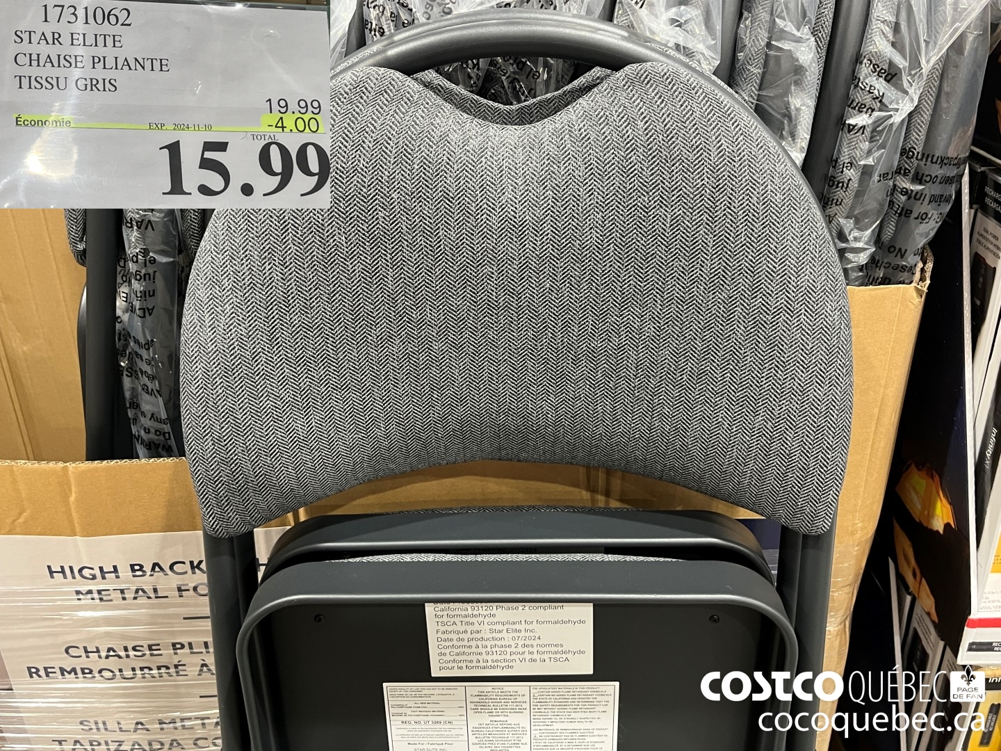 1731062 STAR ELITE CHAISE PLIANTE TISSU GRIS  ($4.00 INSTANT SAVINGS EXPIRES ON 2024-11-10) $15.99